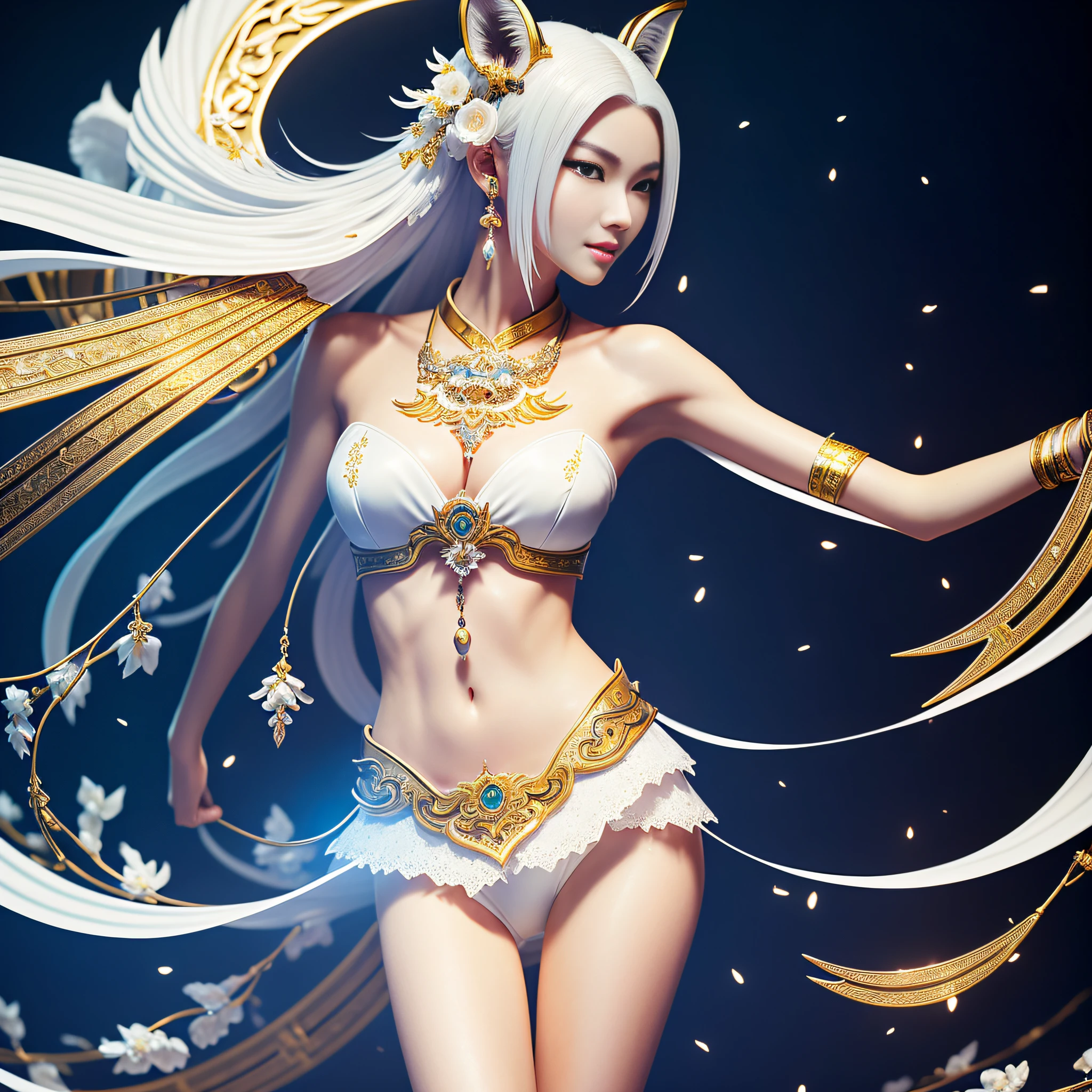 Korean, masterpiece, best quality, high quality, extremely detailed CG unity 8k wallpaper, (realistic, Photo real: 1.3), (RAW photo: 1.2), Woman body set medium breasts, exposed breasts, full and natural breasts, crisp breasts, tender white complexion, straight buttocks, (transparent tong), surreal, 8K, original photo, film grain, super high resolution, super detail, tall, very clear face, slender long legs, a pair of snow-white slender beautiful legs, like ivory carved jade legs, perfect proportion and length, stunning face, melon seed face, qiong nose cherry lips, eyebrows picturesque, amorous, charming, slender and slender waist, close-up of a woman in gold and white clothing, super detailed rendering, 3 D rendering character art 8 K, complex white and gold armor, full samurai armor fox, high detail iconic character, 8K rendering, octane rendering, octane rendering, super detail octane rendering, super detailed octane rendering, super detailed 3 d rendering, futuristic style fox demon --auto --s2