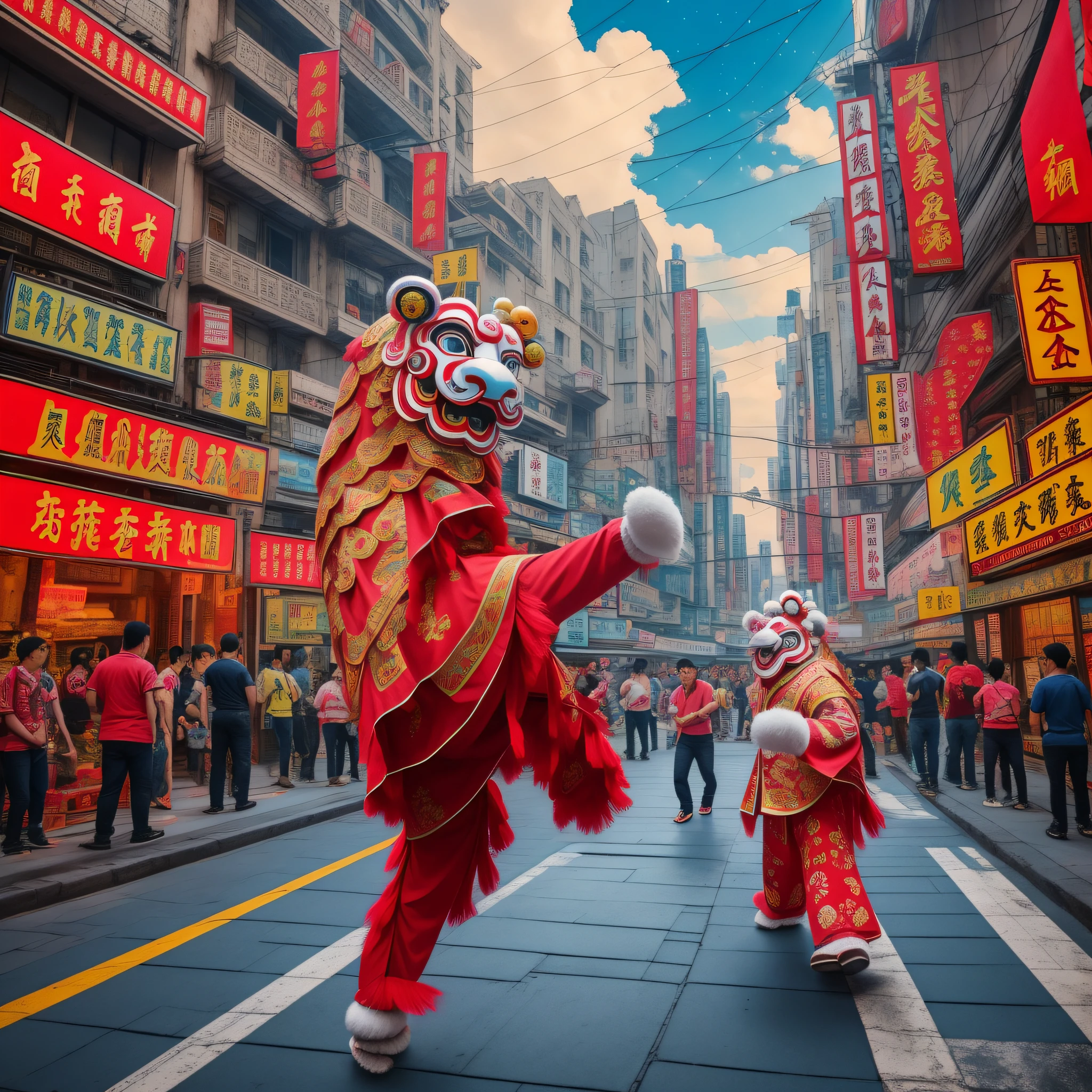 china Lion dance in the middle of a busy street, jump in the air, beautiful clouds and stars, patterns painted by Clyde Caldwel, in the style of cloudpunk, alex gross, time-lapse photography, colorful cityscapes, spectacular backdrops, high definition, dreamlike scenes