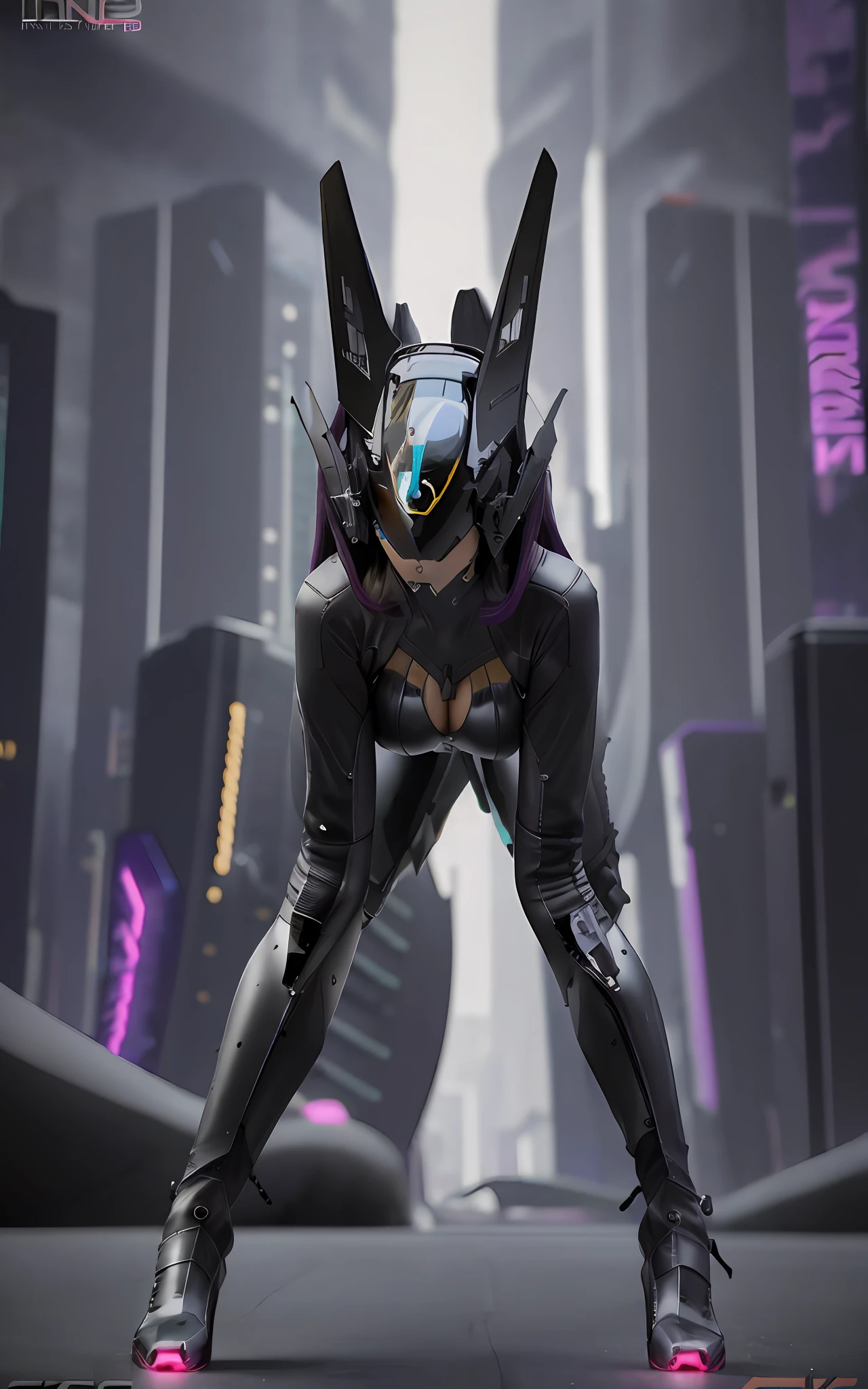 16k image, gorgeous [Woman | Batman], black tight  leather bikeroutfit on body, bikersuit, biker gloves, (huge breasts), slim body, futuristic (all closed cyber helmet) with jackal ears, faceoff, cyberpunk, lustful, seductive, leaning down, bending down, sexy pose, side view, on background of night japan city, detailed digital art, cybernetic,