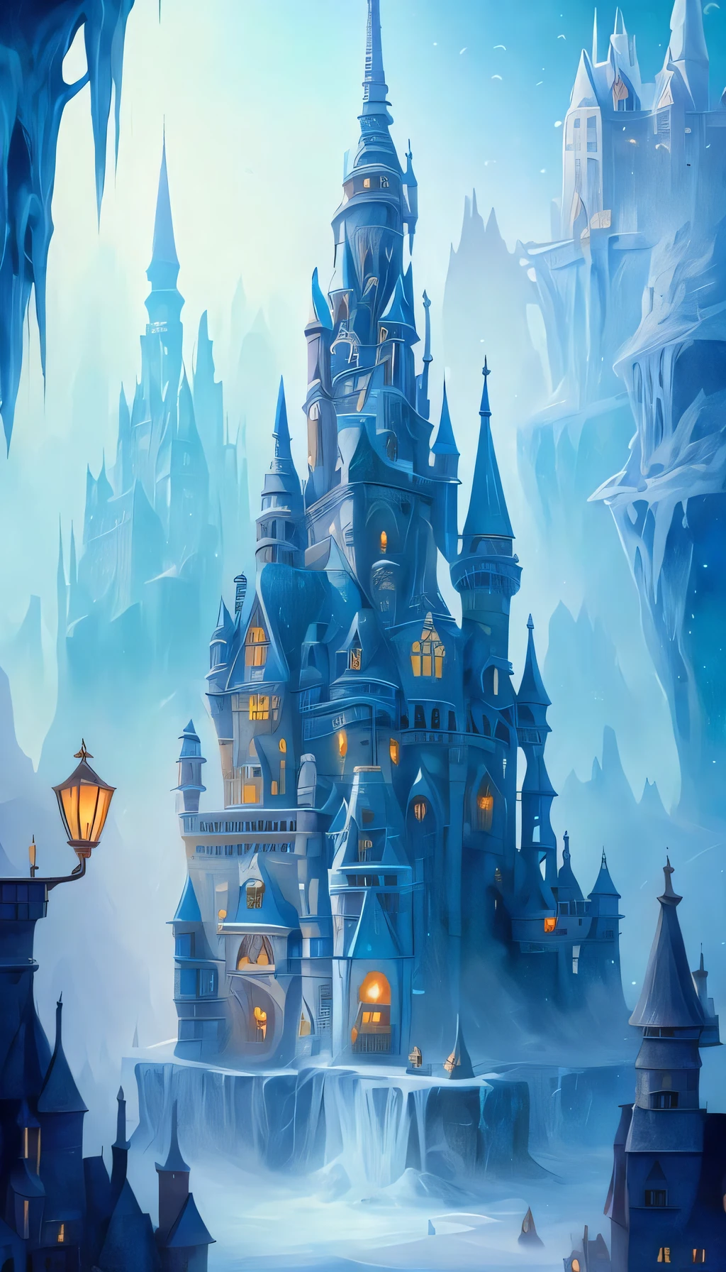 icestyle  a painting of a castle surrounded by small flying creatures, a detailed matte painting by Jacek Yerka, pixiv contest winner, fantasy art, fantasy, matte painting, matte drawing