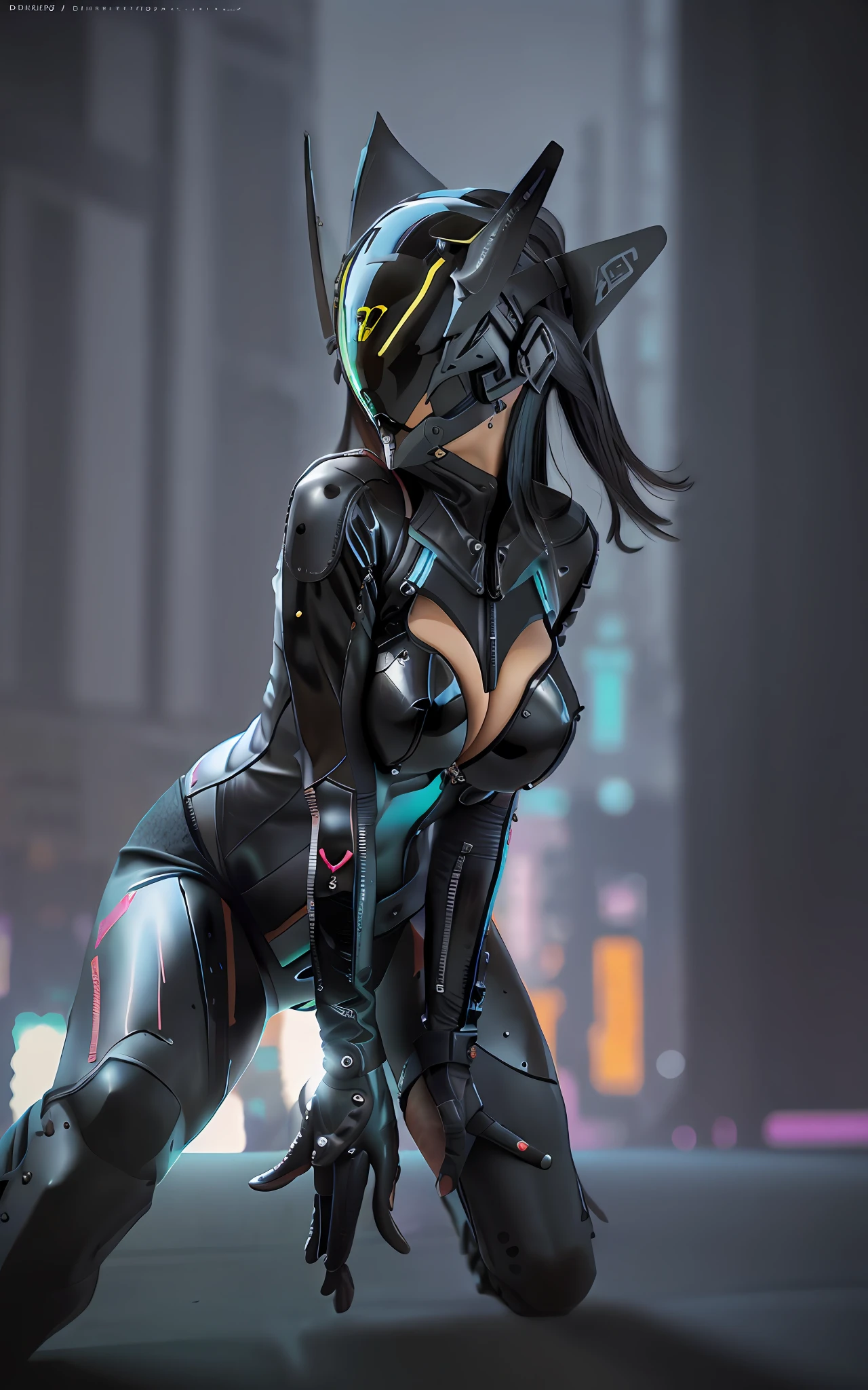16k image, gorgeous [Woman | Batman], black tight  leather bikeroutfit on body, bikersuit, biker gloves, (huge breasts), slim body, futuristic (all closed cyber helmet) with jackal ears, faceoff, cyberpunk, lustful, seductive, leaning down, bending down, sexy pose, side view, on background of night japan city, detailed digital art, cybernetic,