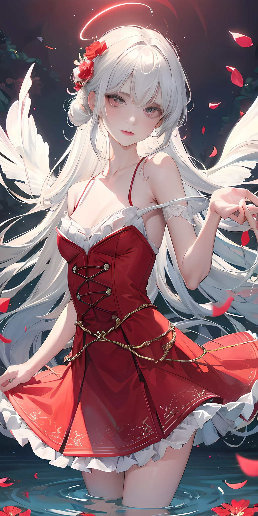 Close-up, looking at the camera, beautiful girl, garlic, flower, (beautiful girl), delicate facial features, detailed portrayal of the corners of the eyes, bust photo, moist lips, sad eyes, long white hair, smooth and delicate skin, ((red clothes)), red long skirt, bare thighs, brilliant and colorful, fantasy art, mysticism, dream scene, dream, dream light, seduction, psychedelic, misty halo, (((night))), ((night)), river bank, full of flowers on the other side, dreamy, flying red tiny petals, Red fluorescent petals, fluorescent flowers, fluorescent flowing water, standing in water, shallow water, master works, extreme detail, dissection correctly, correct limbs, accurate, hud, HD, exquisite details, 8K, red light