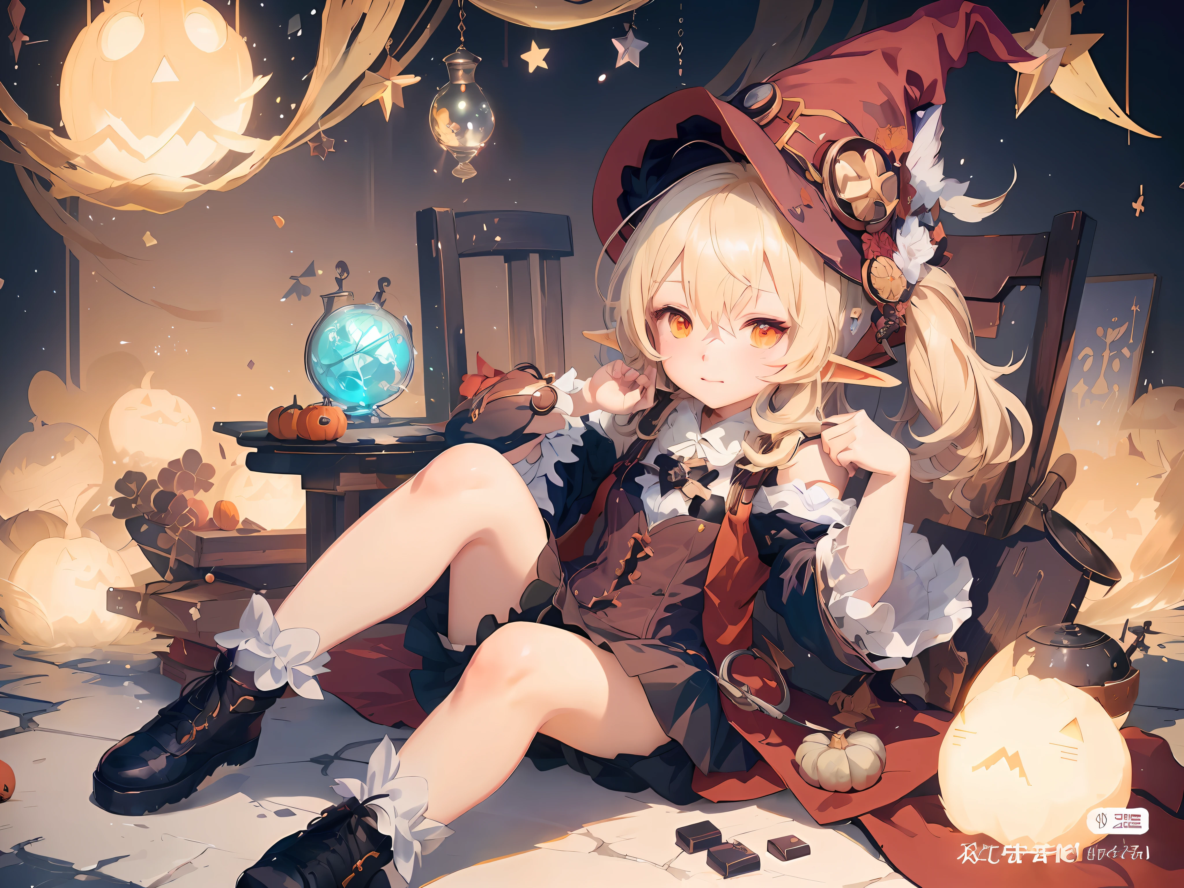anime girl sitting on the floor with a hat and a pumpkin, alchemist girl, splash art anime , kawacy, flirty anime witch casting magic, trending on artstation pixiv, guweiz on pixiv artstation, anime fantasy illustration, guweiz on artstation pixiv, anime art wallpaper 8 k, portrait of a young witch girl