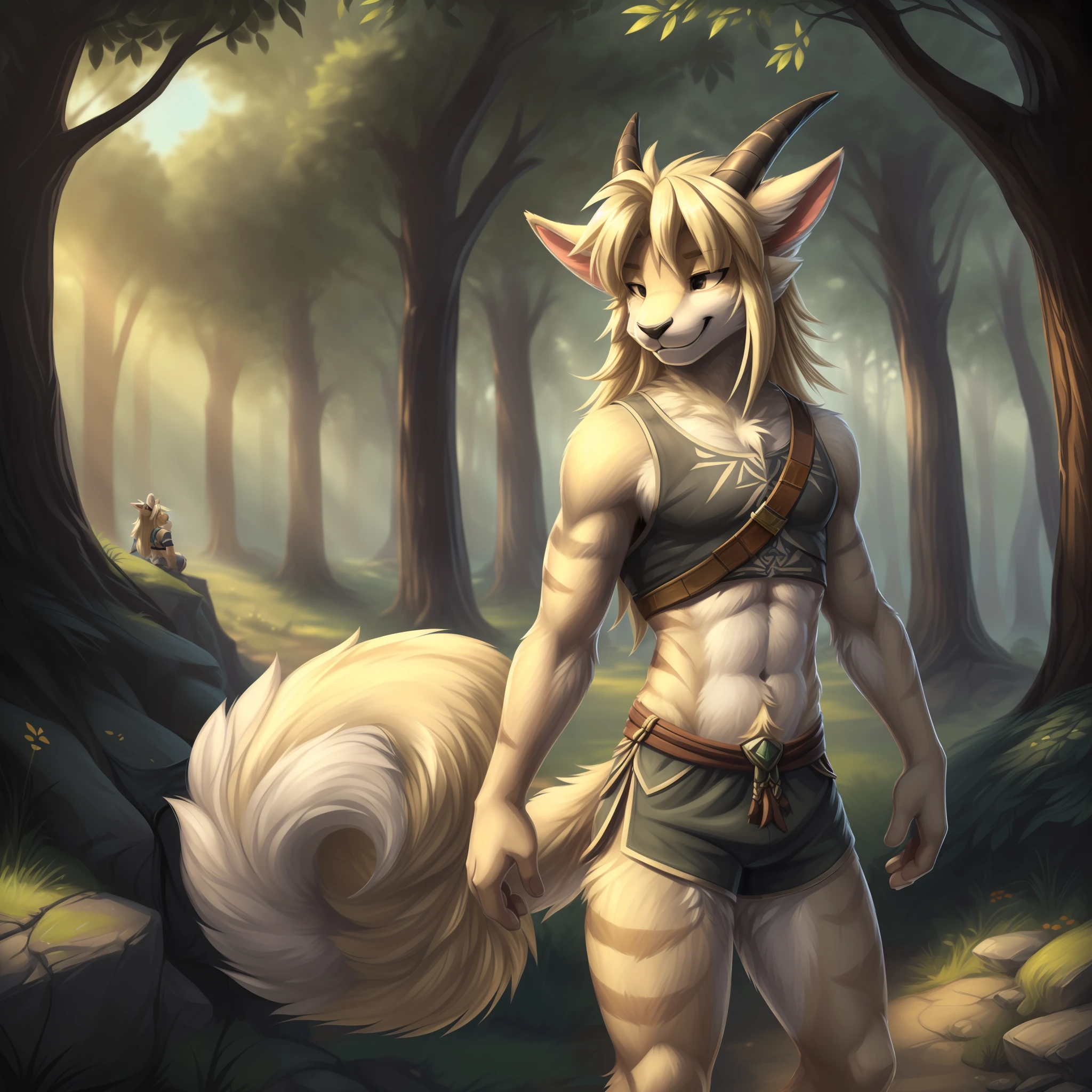 masterpiece, high quality, absurd res, digital painting (artwork), by dacad, backsash, (anthro, fluffy fur, character focus:1.2), anthro male goat, short hair, portrait, hair covering eyes, panorama, character focus, (detailed background:0.79, solo, furry, furry male, male focus, anthro, (Full body fur, short fluffy tail, light gray fur, croptop, long light blond hair, black stripe in hair:1.4), (scruffy, skinny :1.0), (outside, day, forest, tribe:1.1), (long fluffy hair, smiling,:1.25) (Zonai: 1.3) (tears of the kingdom) (legend of zelda), two ears, (big ears: 1.2), goat