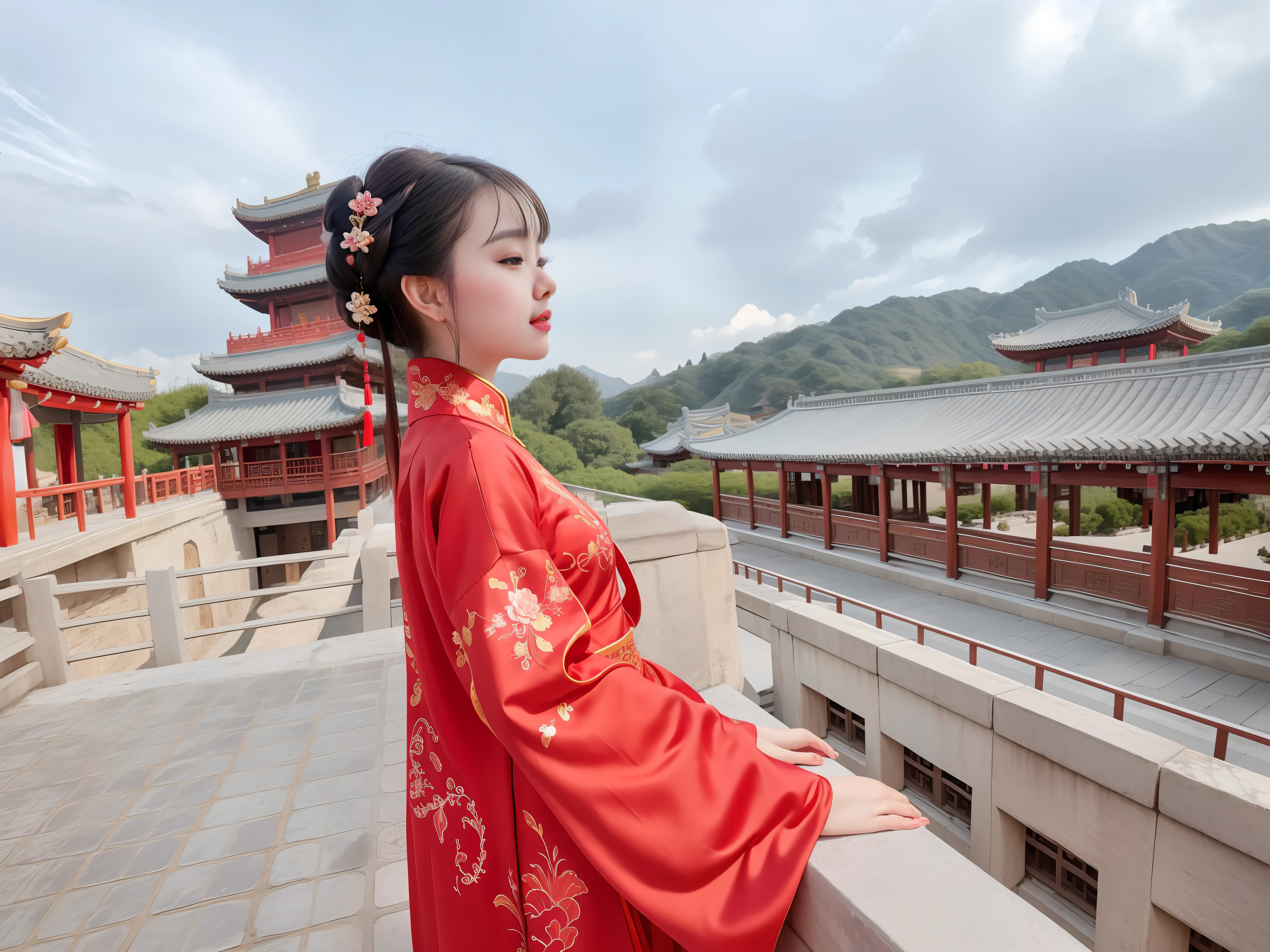 araffe woman in red dress standing on a stone wall, palace , a girl in hanfu, wearing ancient chinese clothes, traditional chinese clothing, wearing a red cheongsam, with acient chinese clothes, chinese costume, traditional chinese, chinese woman, hanfu, chinese dress, wearing ornate silk clothes, chinese heritage, chinese girl, ancient chinese princess