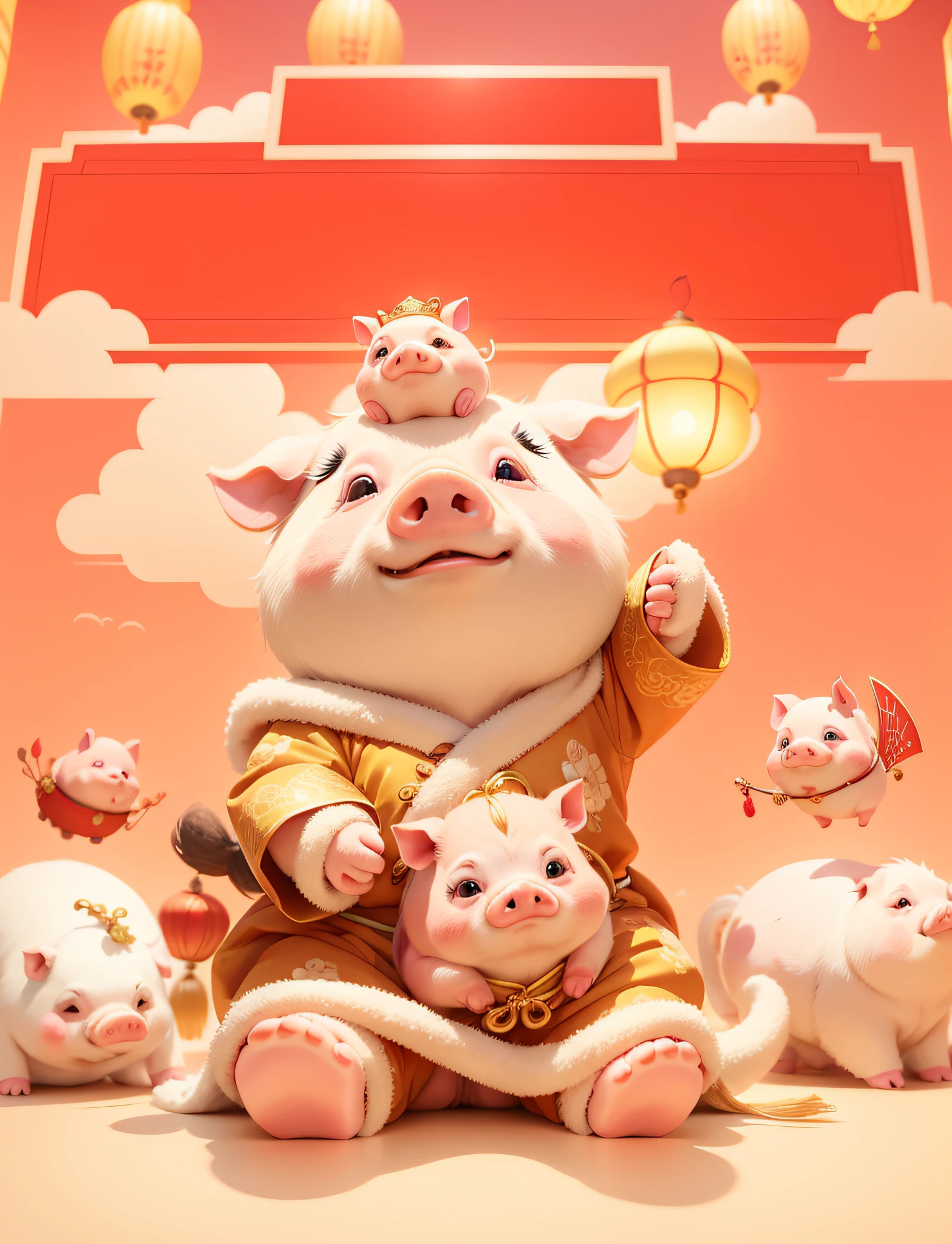 Five cute pigs, three in the middle, one in the middle, one below, one on the top of the big head, one on the big left hand holding an axe, one on the left and right, wearing Chinese-style clothes, Chinese-style background, color red and yellow, auspicious clouds, fluttering clothes, festive, big red lanterns on both sides, rich in details, spotlight in the middle, smooth and delicate, 3D, cute, HD, 16:9 aspect ratio width --auto --s2