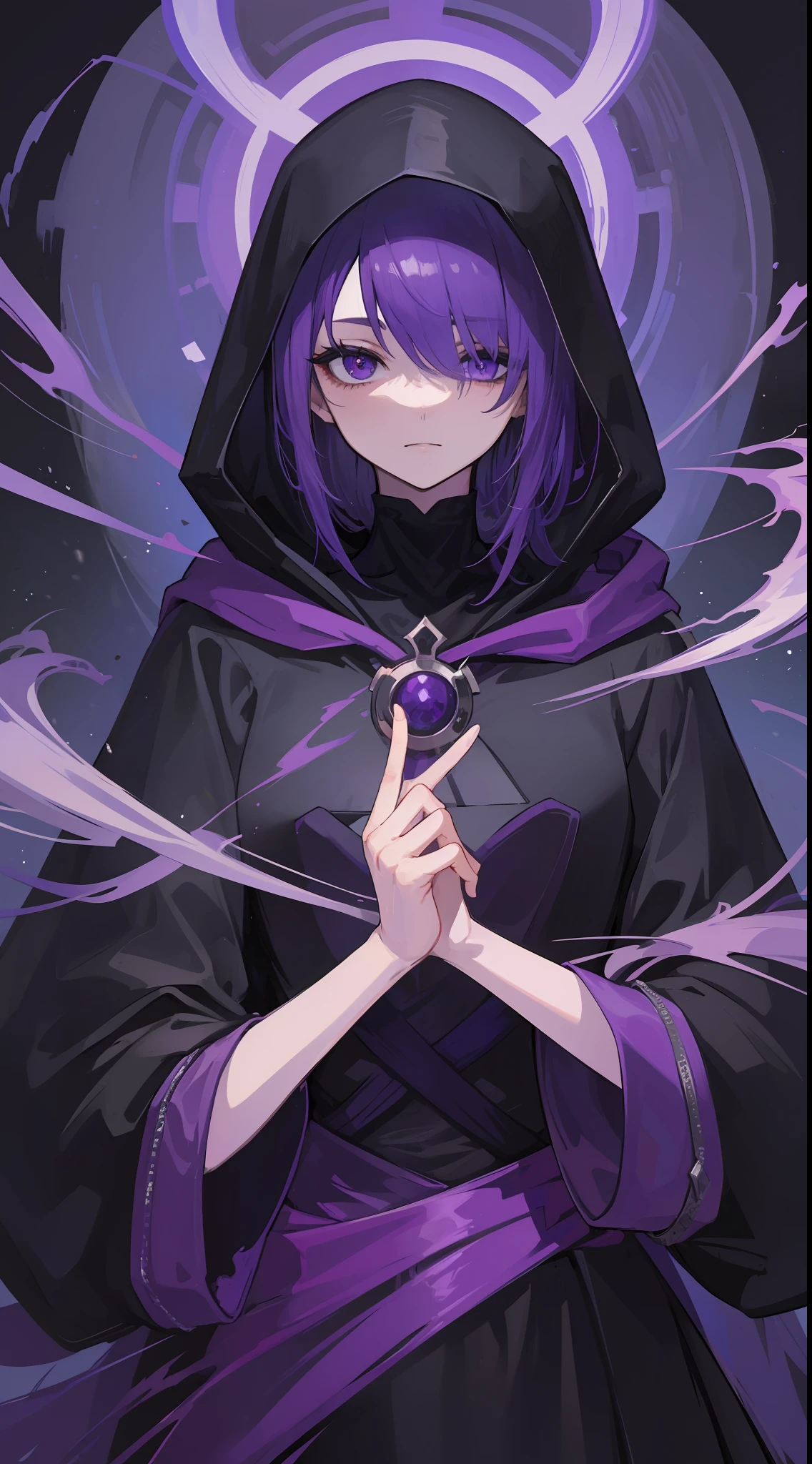 1mysterious man, wearing a hood and a black cloth covering one eye, her eyes are a beautiful purple, wearing the clothes of a Dark Saint.