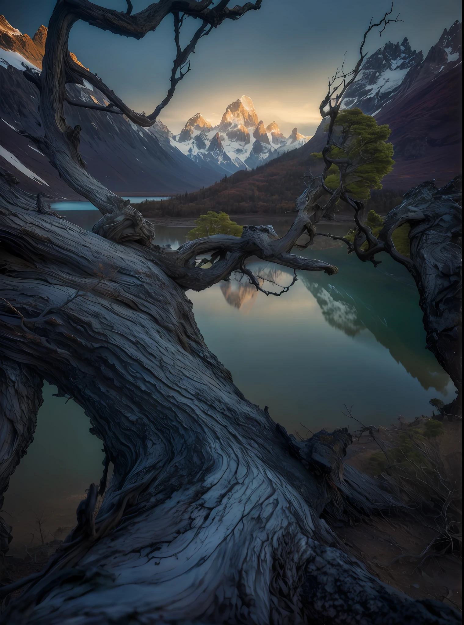 arafed tree branch with a lake in the foreground and mountains in the background, ryan dyar, marc adamus, lpoty, an amazing landscape image, intricate and epic composition, max rive, intricate scenery, breath taking, intricate foreground, by Simon Gaon, trending on 500px, trending on 5 0 0 px, award winning landscape photo, chile
