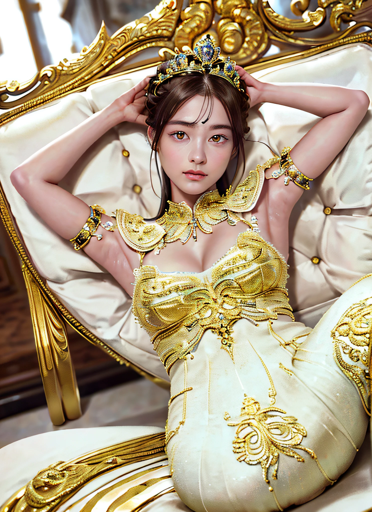Ultra-detailed complex 3D rendering of the face, (Colossal breasts: 7.8), full body image, braless, long hair, viewer view, wearing intricate yellow-metal leggings on the legs, wearing super armor with high exposure (shiny skin),((Realistic lighting, top quality, 8K, masterpiece: 1.3)), Clear Focus: 1.2, 1 girl, Perfect figure: 1.4, , (cleavage), Ultra detailed intricate 3D rendering of intricate details, beautiful porcelain profile face, effects, ultra-detailed big crown decorated with jewels: 2.2), big,, sexy swimsuit, (surreal), (ultrareal), (high resolution), (8K), (very detailed), (beautiful detailed eyes), (best quality), (ultra detailed), intricate detail jewels, 1 girl, solo, long hair, wind, gorgeous faceValhalla Valkyrie, Beauty, Facial Muscles, Top Quality, Masterpiece, Maximum Detail, Diffused Lighting, (Brown Hair: 1.3), Valhalla Valkyrie, Beauty