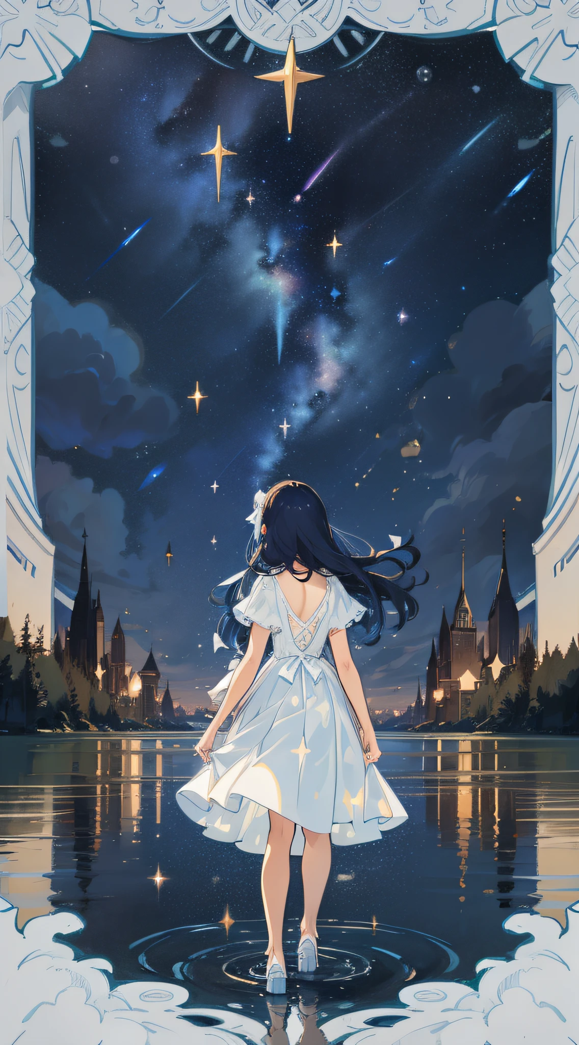 Under the starry sky, shooting stars, girl standing, back, small river reflecting the starry sky, girl long hair, white dress, hair flying, delicate, night, the character stands all over