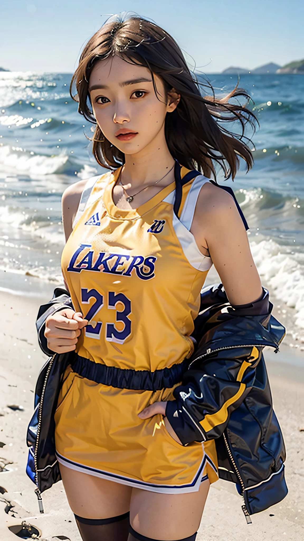 On the beach by the sea, a woman wearing a Lakers jersey