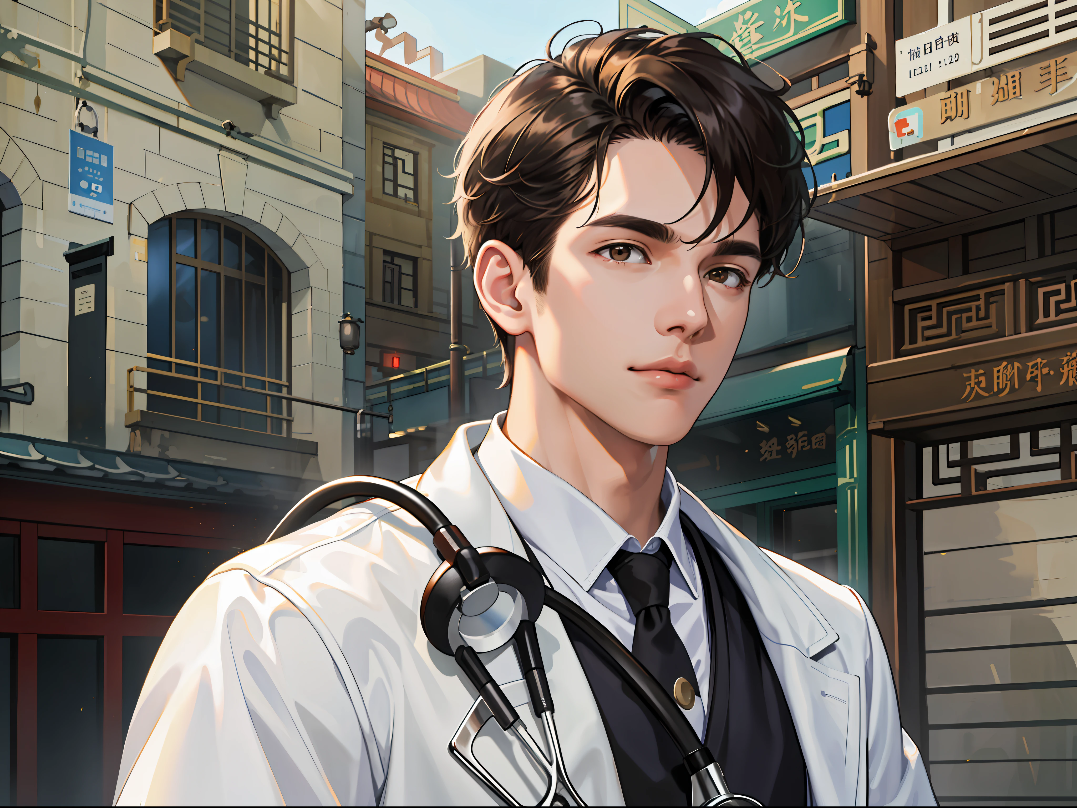 (ridiculous, high resolution, super detailed, realistic,), 1 male, soloist, 20 years old, sunny and handsome, holding surgical tools, wearing a stethoscope, extremely short hair, black hair, brown eyes, thick eyebrows, sought after by all people, doctor, white robe, white coat, street, Chinese Qing dynasty street view, HD photo.