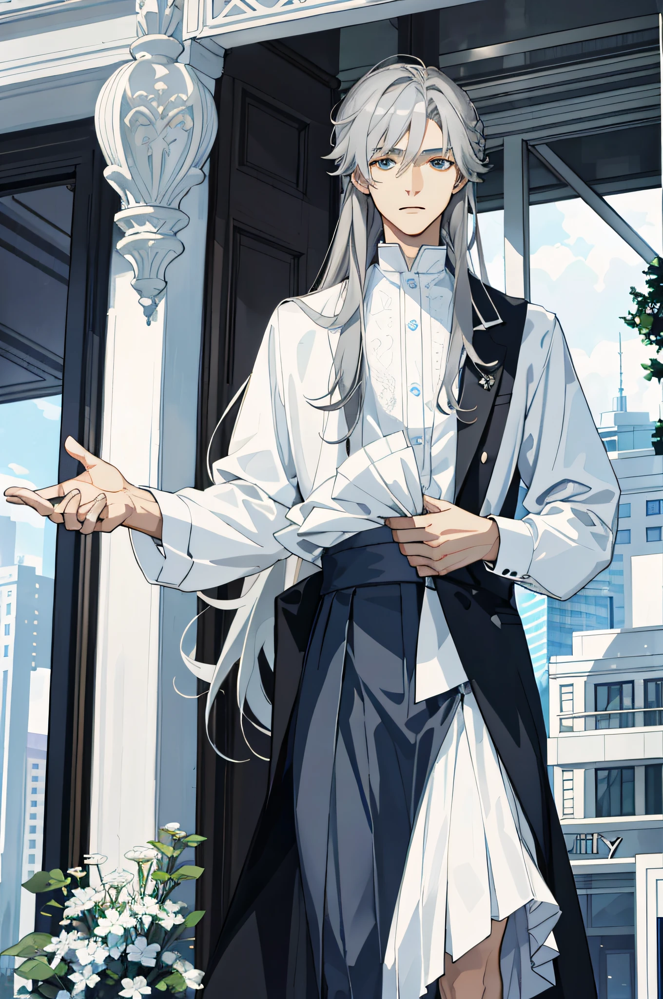 Masterpiece, best quality, 1 male, teenager, handsome, delicate eyes, intricate details, (gray hair, long hair, no bangs, delicate skirt, white skin), white, blue, mall, city