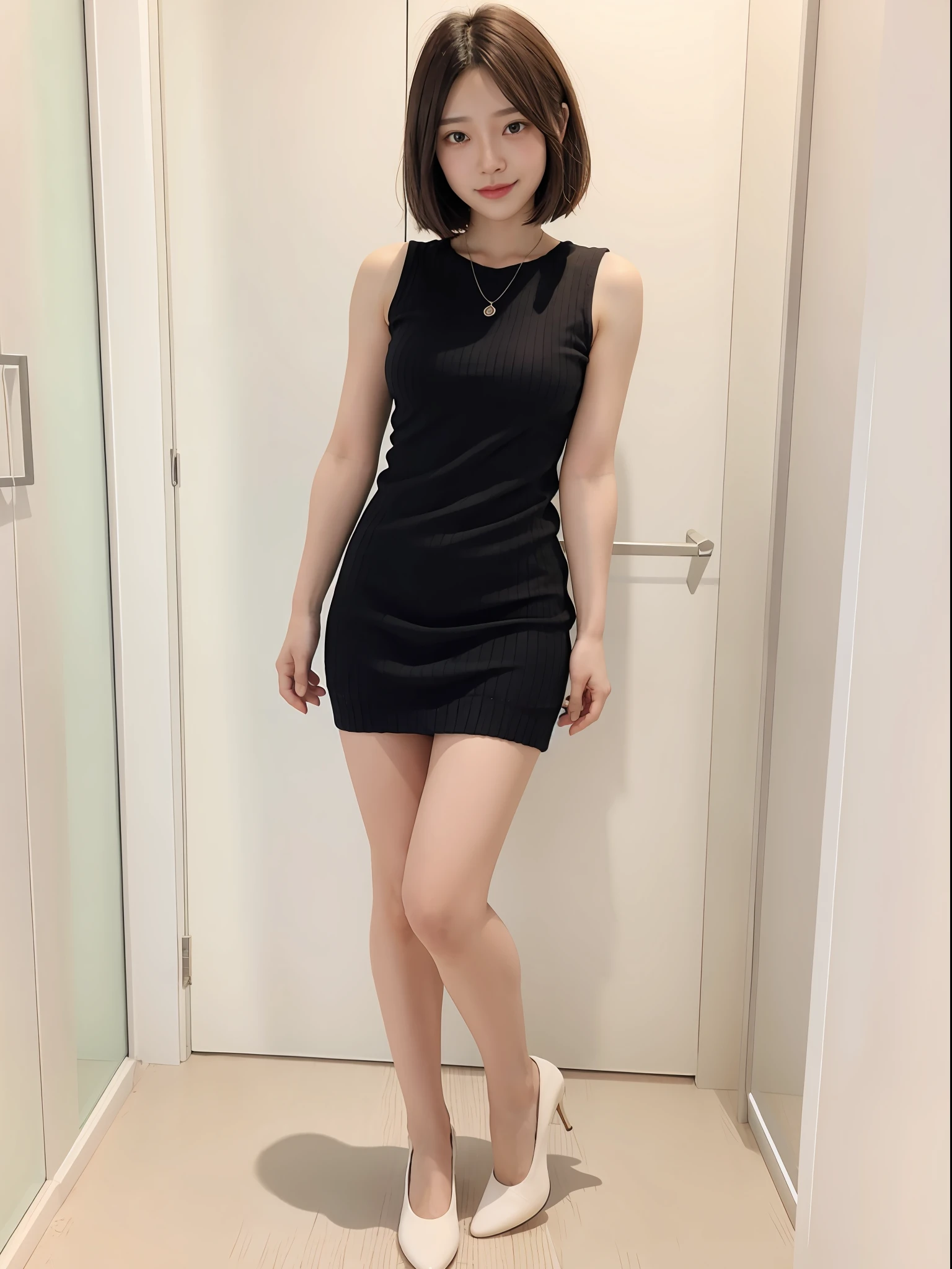 (Best Quality), Masterpiece, (Photorealistic Photos: 1.5), 8K Quality, 1 Beauty, (Full Body: 1.1), Dark Brown Hair, Bob Hair, Brown Eyes, Front, Detailed Face, Beautiful Eyes, View Viewer, Smile, Mini Skirt, White Underwear, Knitted Sleeveless Dress,Pumps, Standing, 20 Years Old, (ulzzang-6500-v1.1:0.1),