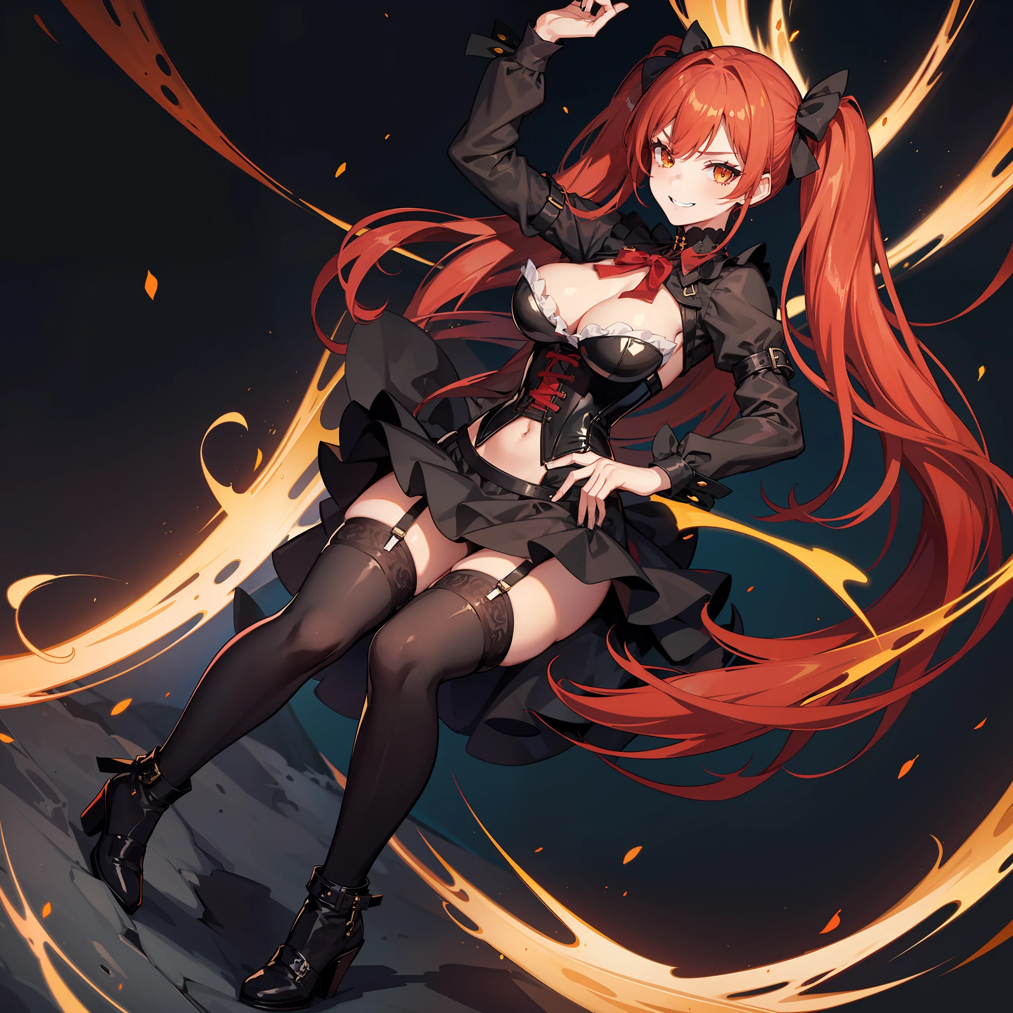1girl, high quality, corset, black skirt, thigh highs, black gloves, red hair, yellow eyes, navel, evil smile, twintails, full body view