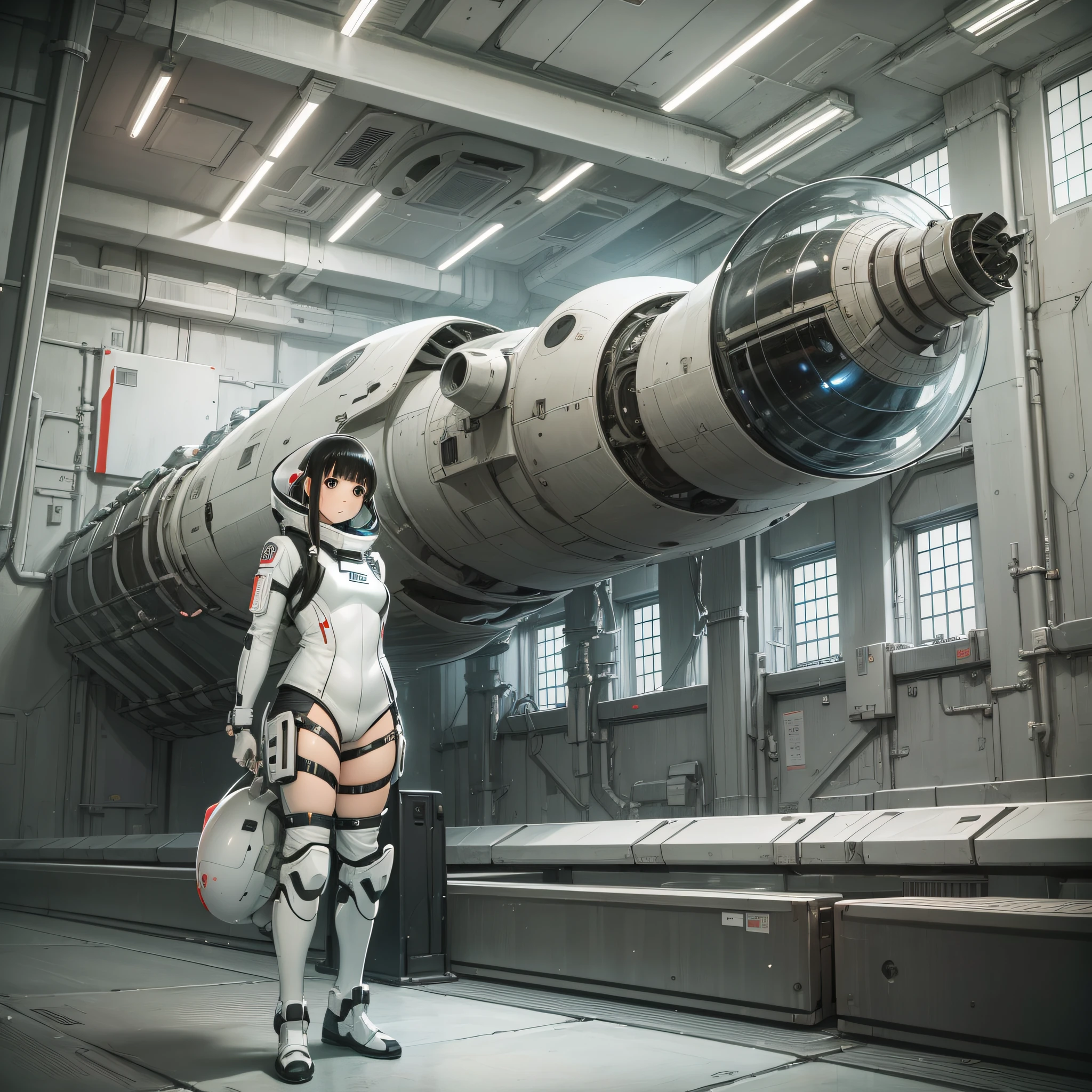 (best quality, hyper detailed:1.2), in nihei tsutomu style, knights of sidonia, 1girl, (spacesuit, no helmet), Planetarium room and projector
