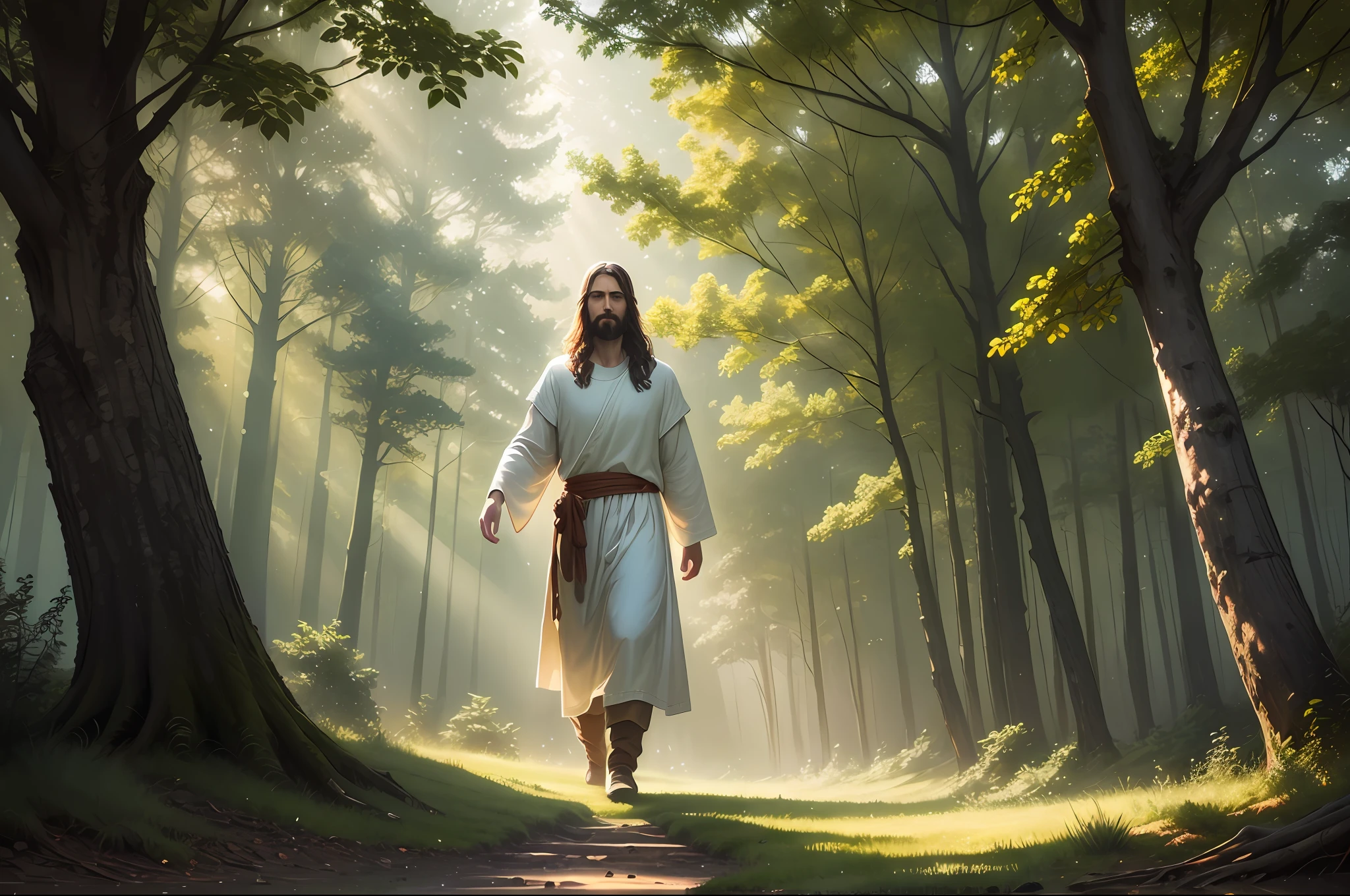 Jesus Christ, Landscape, Trees, realistic painting, light coming from above illuminating, light background, lights, well done, realistic effect