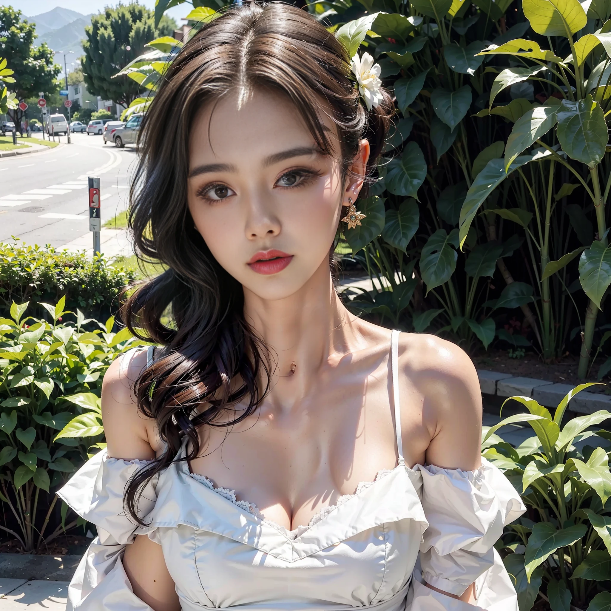 Beautiful woman in off-the-shoulder dress, looking at the camera with a very sexy expression