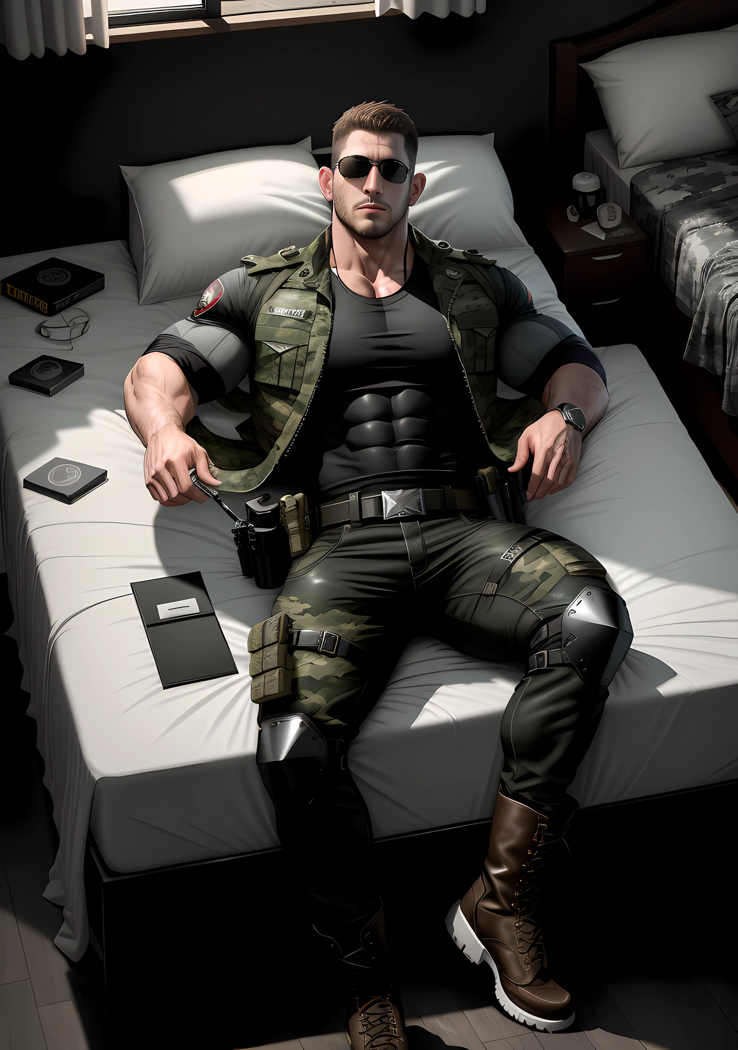 Character Design (Resident Evil - Chris Redfield, Chris Redfield) wears a handsome black and gray camouflage suit, lying on a large bed with a milky white soft bed, with a sad expression, a muscular male hero, a heroic male pose, tall and burly, muscular! Wearing sunglasses, sexy charming muscular leg muscles, burly and strong, handsome black and gray camouflage suit, super gain and cool, high resolution committee, rough big feet, military boots, attractive strong male, bright moonlight on the body, lonely