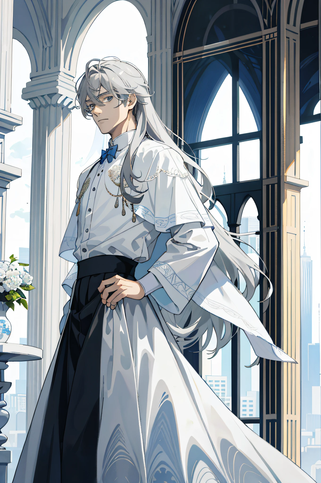 Masterpiece, best quality, 1 male, teenager, handsome, delicate eyes, intricate details, (gray hair, long hair, no bangs, delicate skirt, white skin), white, blue, mall, city