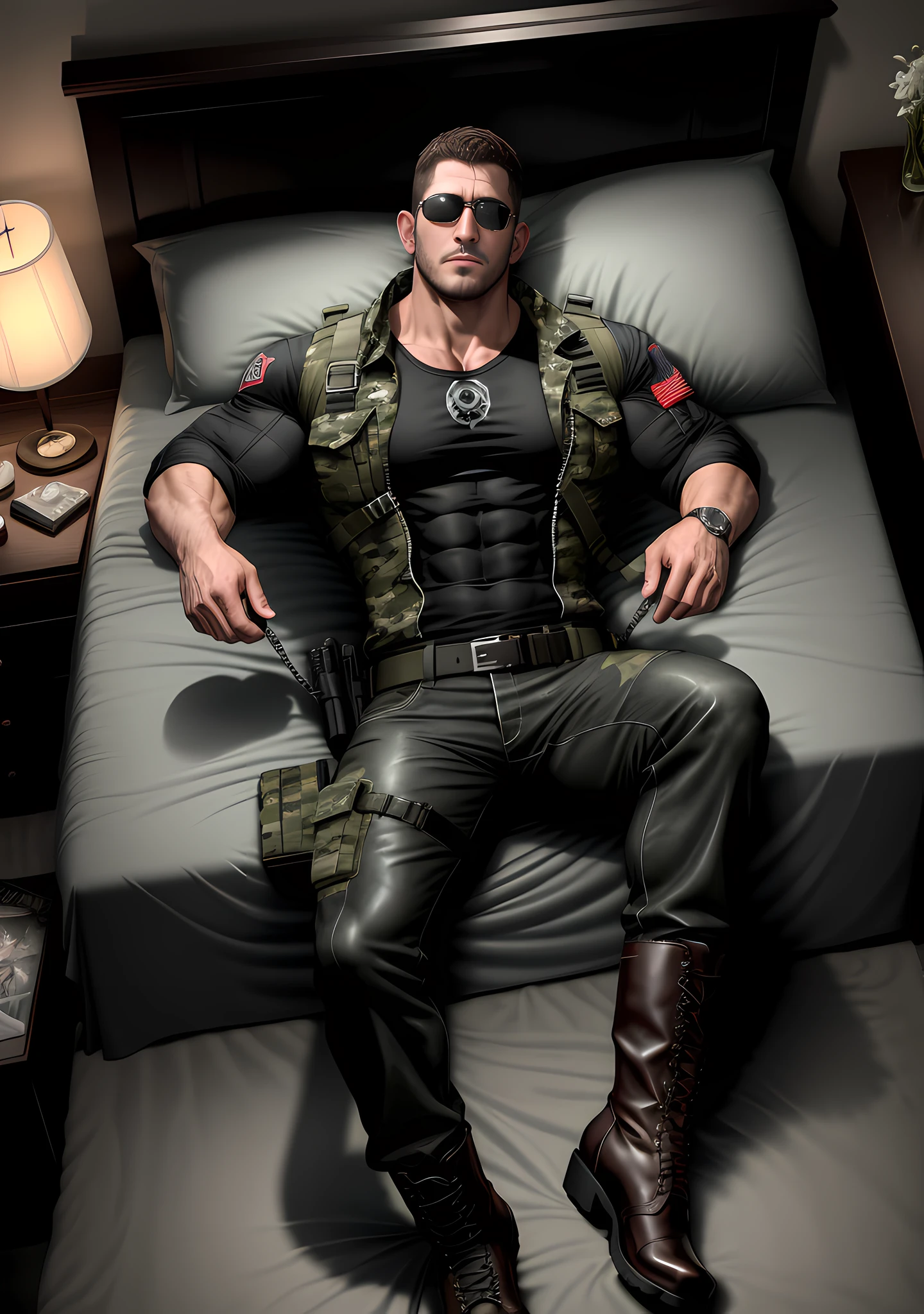 Character Design (Resident Evil - Chris Redfield, Chris Redfield) wears a handsome black and gray camouflage suit, lying on a large bed with a milky white soft bed, with a sad expression, a muscular male hero, a heroic male pose, tall and burly, muscular! Wearing sunglasses, sexy charming muscular leg muscles, burly and strong, handsome black and gray camouflage suit, super gain and cool, high resolution committee, rough big feet, military boots, attractive strong male, bright moonlight on the body, lonely