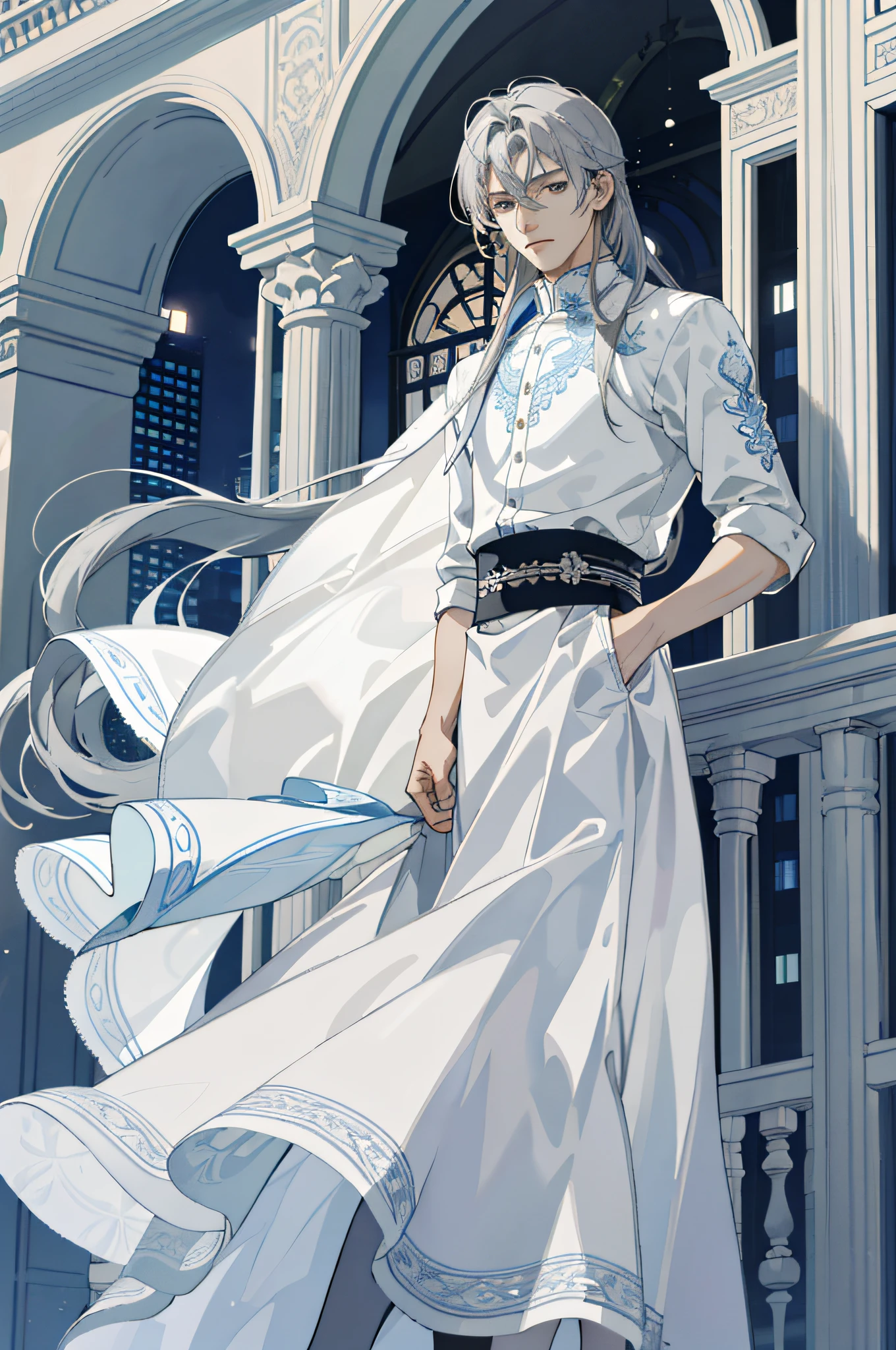 Masterpiece, best quality, 1 male, teenager, handsome, delicate eyes, intricate details, (gray hair, long hair, no bangs, delicate skirt, white skin), white, blue, mall, city