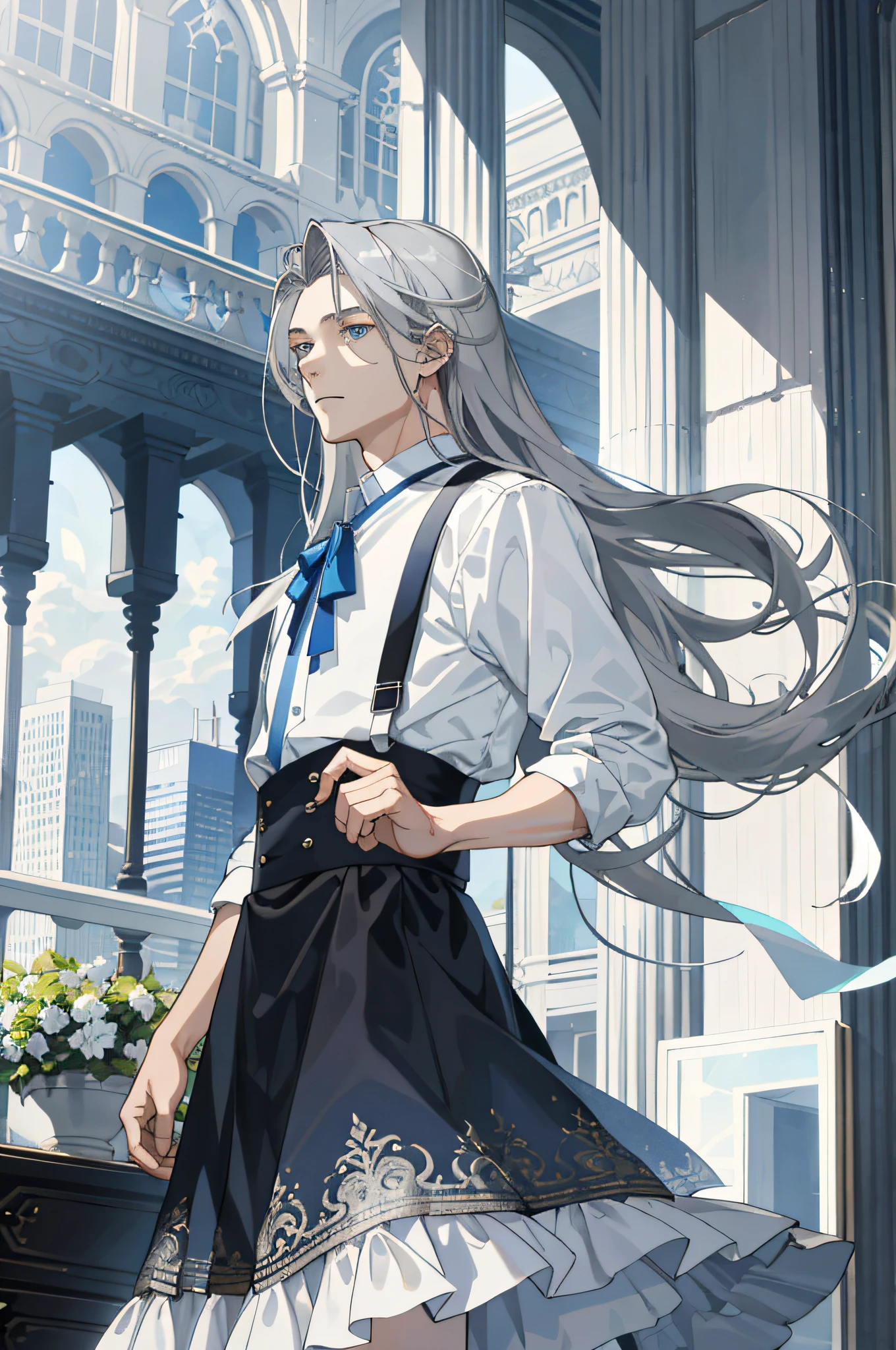 Masterpiece, best quality, 1 male, ager, handsome, delicate eyes, intricate details, (gray hair, long hair, no bangs, delicate skirt, white skin), white, blue, mall, city
