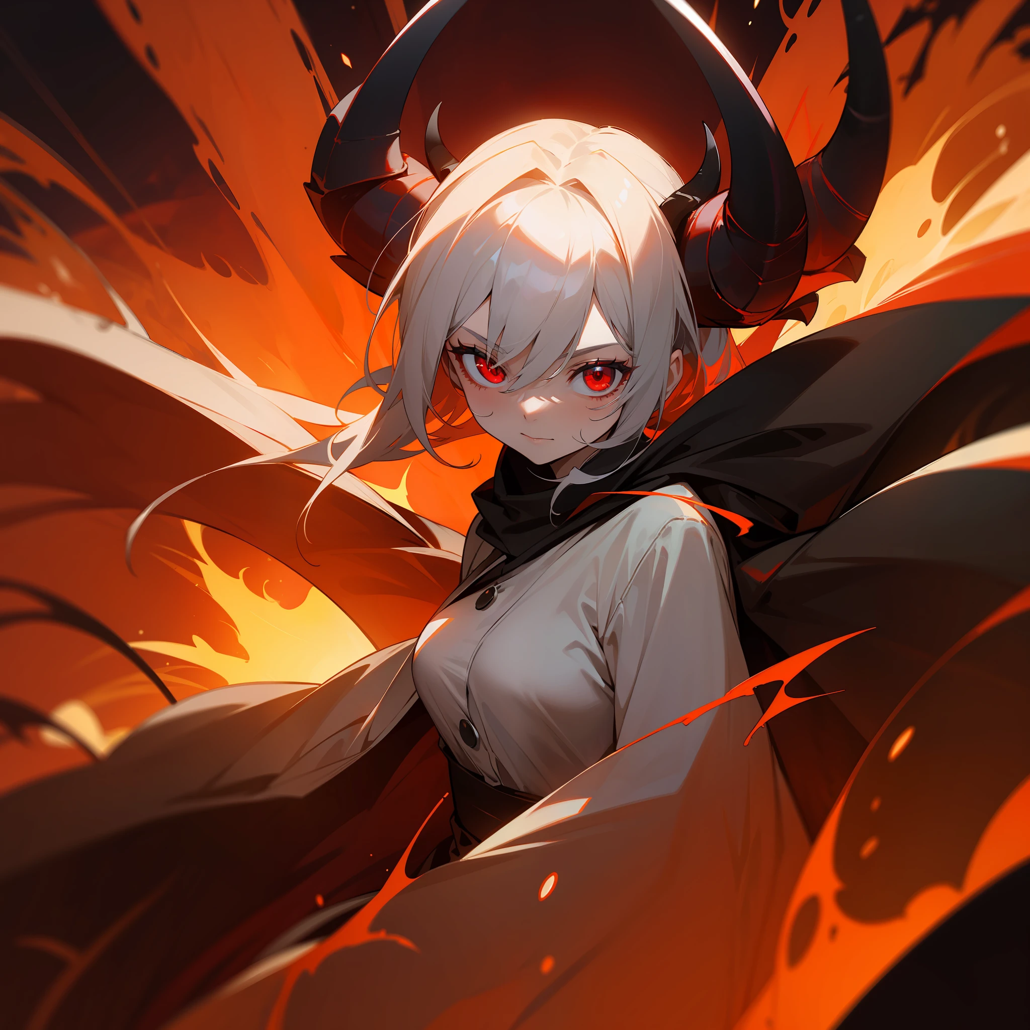 (masterpiece, best quality), a hellish woman with burning clothes, red eyes, demonic horns, dark background
