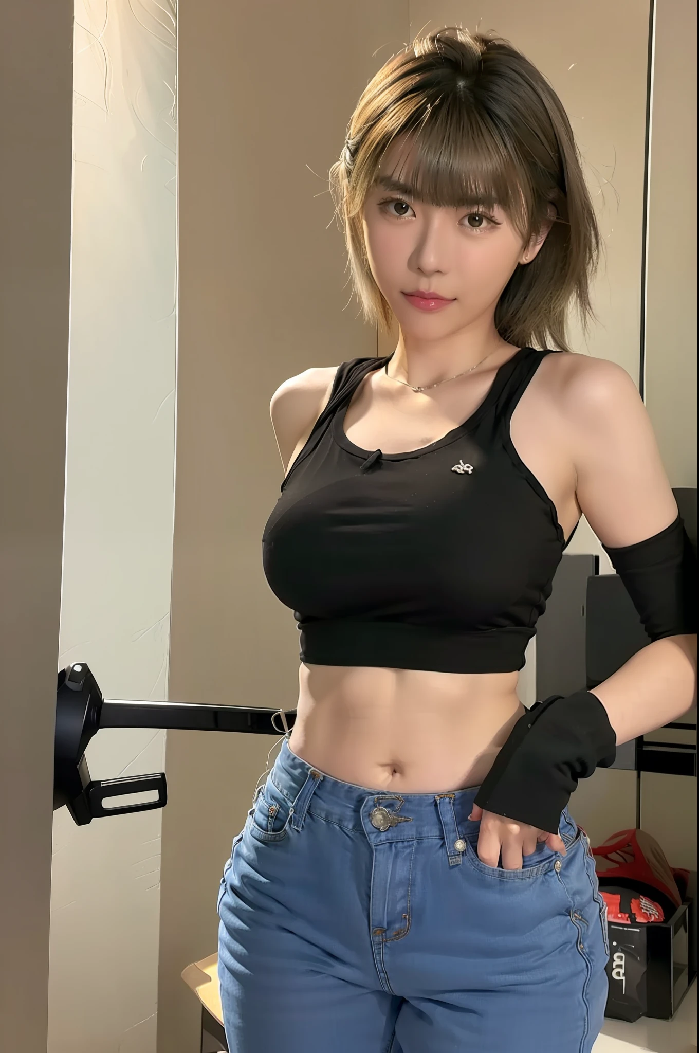 22 year old asian woman in jeans and black shirt, short layer hair, navel exposed, touching clothes, showing navel, wearing tight simple clothes, Japan model, tight fit, leaked image, exposed midriff, crop top, tight shirt, wearing tight shirt, (18K), (Best quality: 1.2), (realistic), (Photorealistic: 1.37), super detail, huge file size,
