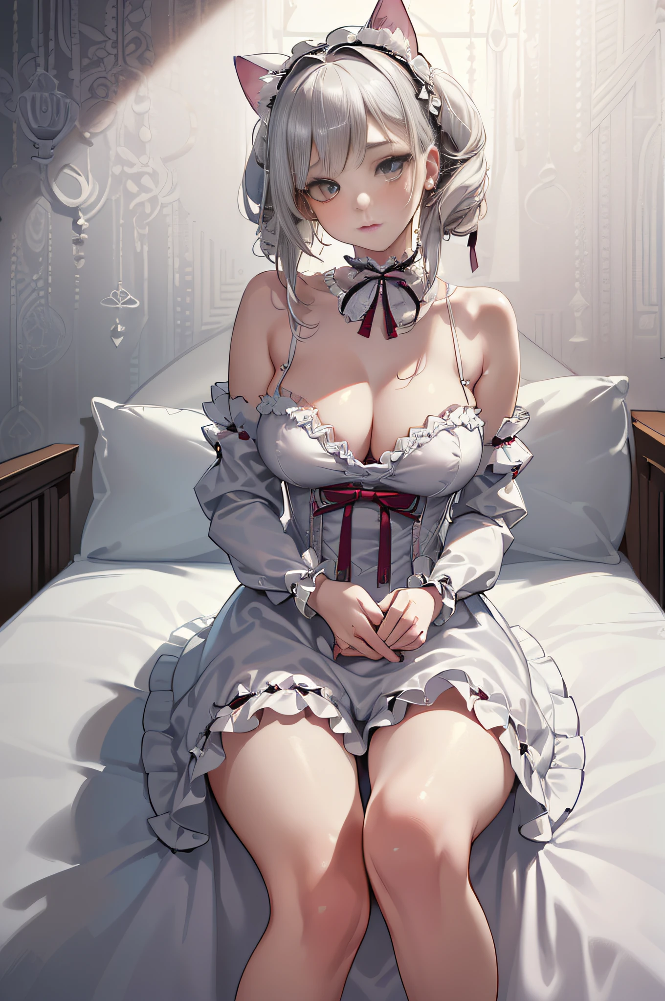 [Detailed illustrations, art based on extremely ideal anatomy, very detailed and detailed drawings, slow and delicate lines, realistic texture expression],(((Color tressed main lines)),(Artwork with outstanding craftsmanship),(((Strange bedroom background)),Girl Japanese Beauty  (Luxury girl) [Cat ears (plump) (large, drooping breasts, (wide areolas))],( Babydoll) Whcorset (Ribbon ruffled lace fabric ((Lolita fashion: 0.4)))),(Realistic and lustrous skin expression ((High humidity))(Soft body)),(((Seated)) (Weakness)) Gravure,Transparency Soft ambient light,((Fine and beautiful skin expression (transparency)))),((Clear gaze)),((Perfect eye details (Beautifully drawn eyes in detail) ),(Beautiful perfect face (realistic face details)),((Beautiful hair details)),(Perfectly proportioned proportions)),(High-level built design,((Advanced structural understanding of materials)),Ideal color coordination),((Artistic decoration)) ((Dense details)),((Detail,High definition)),[(Ultra-precision detail),((Multi-layered texture) ), HighQuality, High Resolution],((Accurate simulation of light-material interaction, understanding of air flow, mechanically correct representation)),(((Visual art with a sense of narrative)).