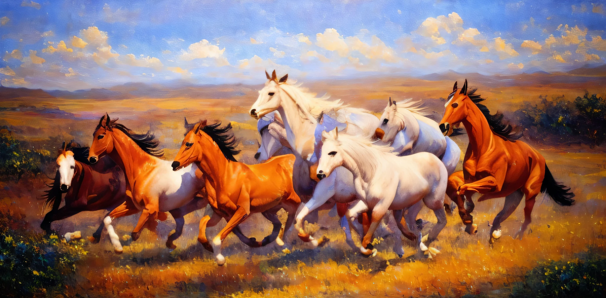 painting of a group of horses running in a field, by Ju Lian, by Dechko Uzunov, horses, western painting, western art, horses in run, by Sava Šumanović, galloping, oil on canvas painting, oil painting”, oil painting ”, by Ștefan Luchian, in the steppe, masterpiece oil painting
