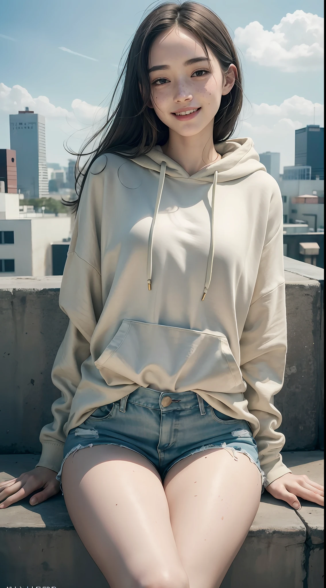 Raw photo, candid, textured skin, dynamic pose, sitting on ground, 1girl, slender body, pale skin, Korean, freckles, smiling, oversized hoodie, (linen shorts), thick thighs:1, (wide thigh gap:1.2), rooftop, photorealistic, best quality, 8k, masterpiece