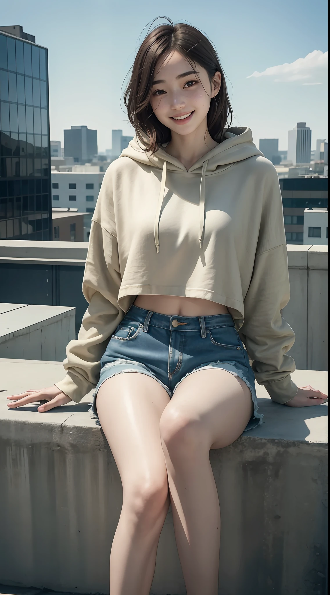 Raw photo, candid, textured skin, dynamic pose, sitting on ground, 1girl, slender body, pale skin, Korean, freckles, smiling, oversized hoodie, (linen shorts), thick thighs:1, (wide thigh gap:1.2), rooftop, photorealistic, best quality, 8k, masterpiece