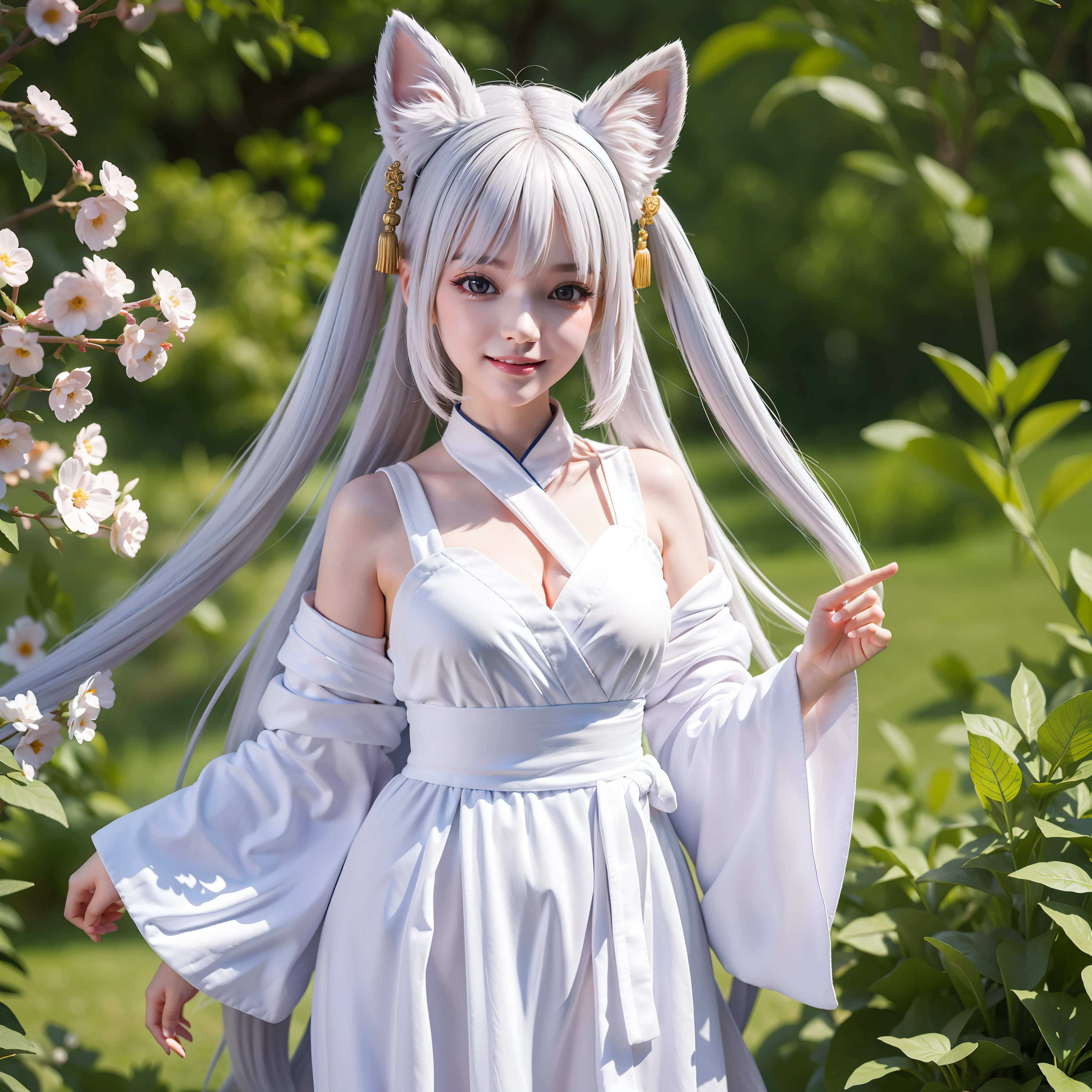 (Ultra Detail, Masterpiece, Best Quality: 1.2), Fox Ears, Hanfu, White Hair, (Masterpiece, Best Quality, Absurd, Shortened), Highly Detailed Photo, (Full Body: 1.2), Smile, Cute Face, (Studio Background), (Clean Background), (Blurred Background), Chibi, (Beautiful Detail Face), (Pose), (Beautiful Detail Eyes), Standing in the Garden, Rendering in Blender, Depth of Field, Contour Light