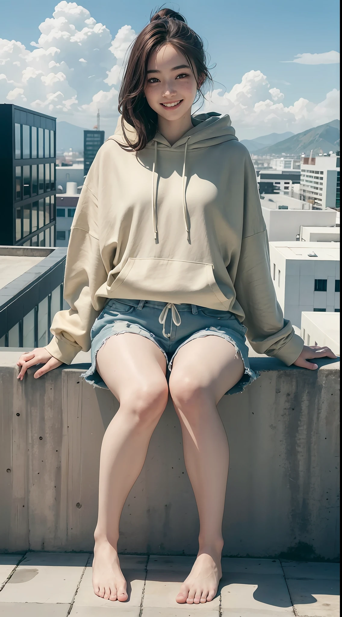 Raw photo, candid, textured skin, dynamic pose, sitting on ground, 1girl, slender body, pale skin, Korean, freckles, smiling, oversized hoodie, (linen shorts), thick thighs:1, (wide thigh gap:1.2), rooftop, photorealistic, best quality, 8k, masterpiece