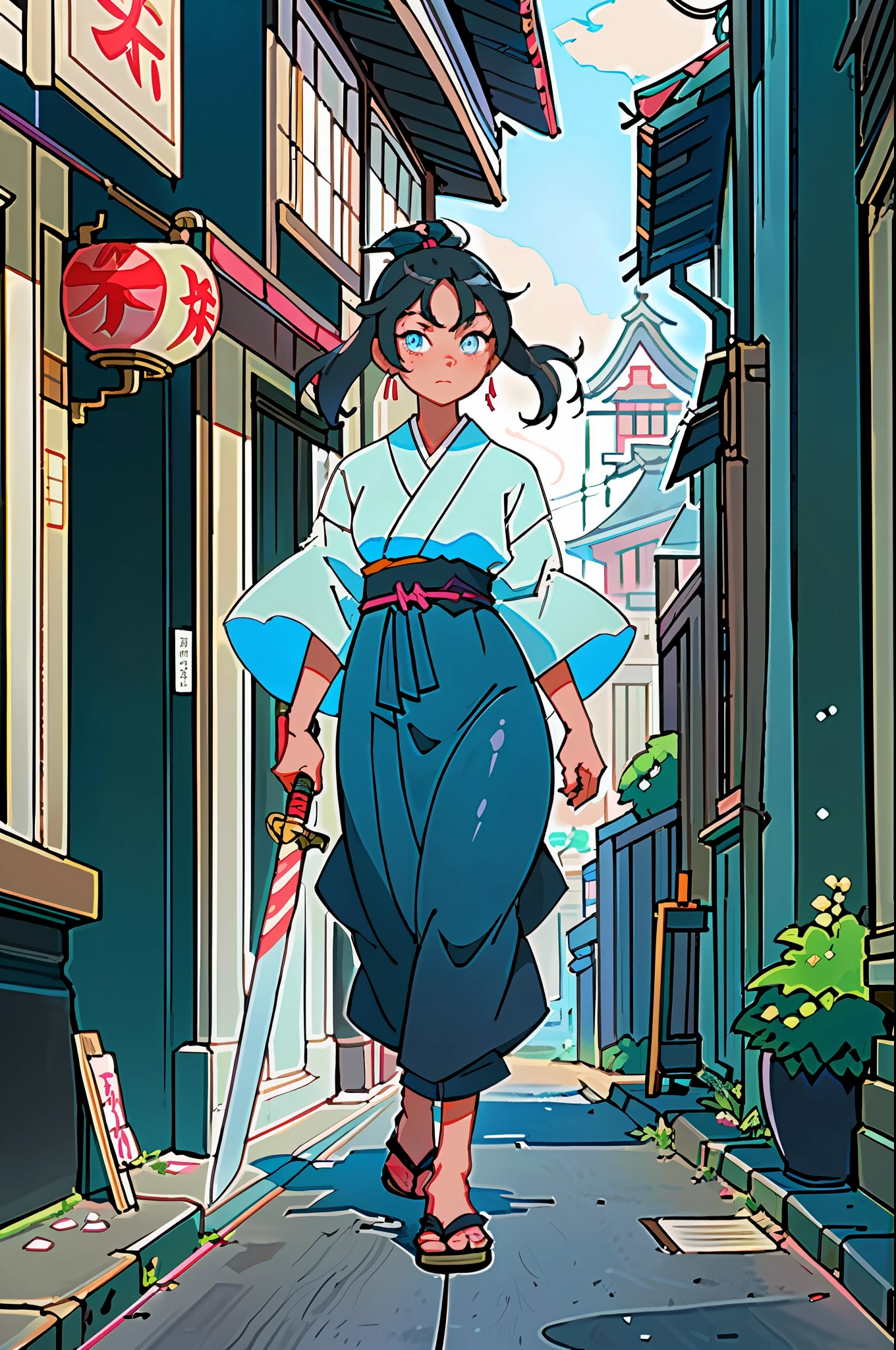 (masterpiece, best quality), 1girl walking through the streets of an ancient city, with a kimono, old Japanese clothes, a sword at the waist, black hair blue eyes is well defined, illustration, 8k, digital art, anime