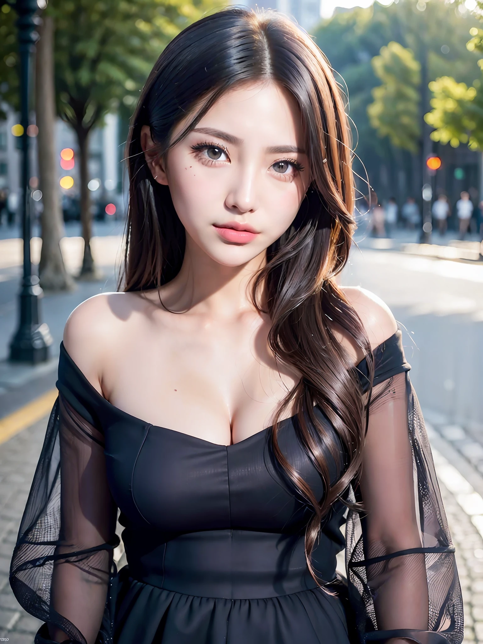 Masterpiece, high quality, real photo, 1girl, beautiful face, big eyes, light makeup, natural mole, dress, street view, crowd, breeze, blurred background, depth of field, symmetry in the center