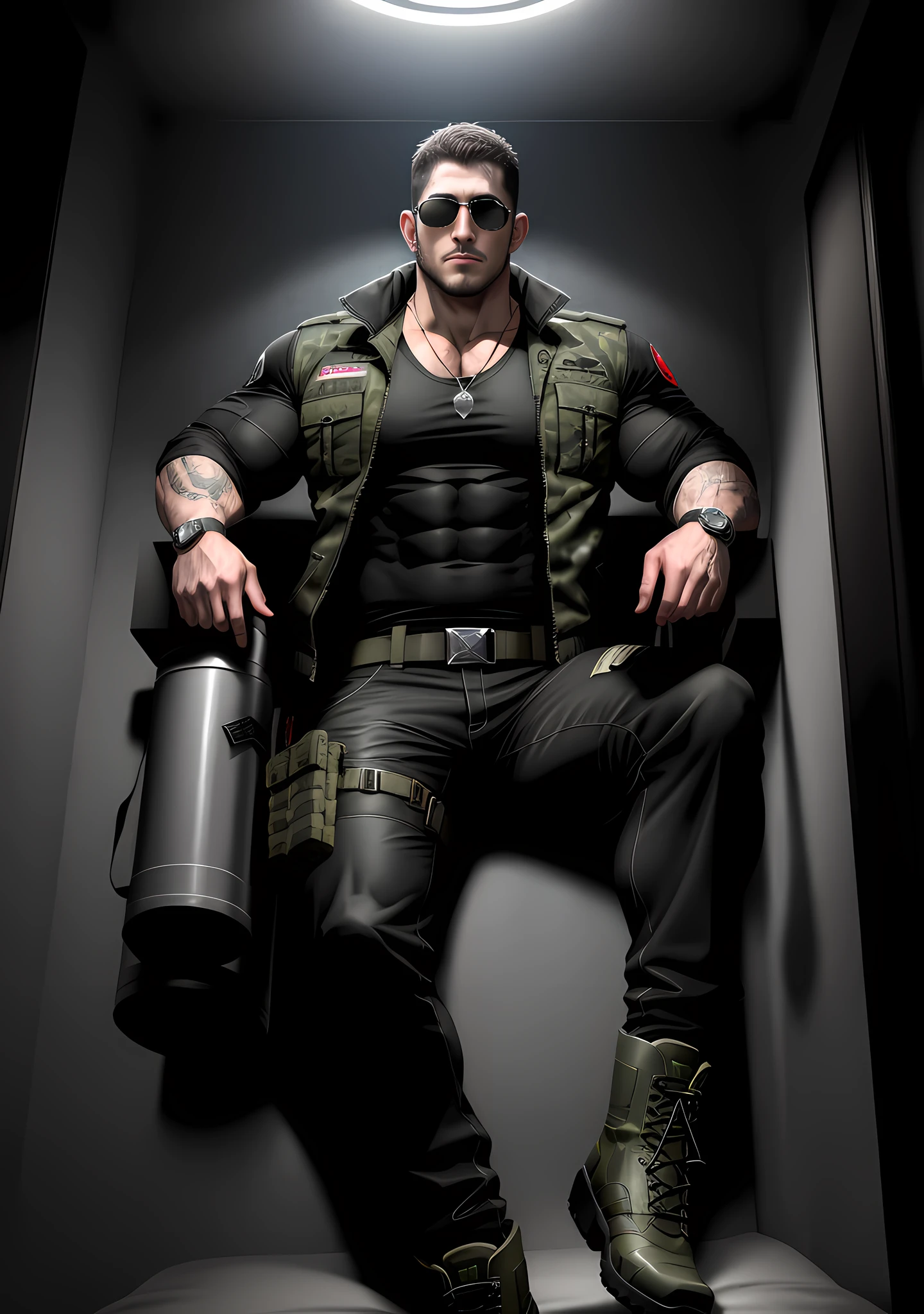 Character design (Resident Evil - Chris Redfield, Chris Redfield) wears a handsome black and gray camouflage suit, he has long and thick arms, lying on a large bed of cream white softness, with a sad expression, muscle male hero, heroic male pose, tall and burly, muscular! Wearing sunglasses, sexy charming muscular leg muscles, burly and strong, handsome black and gray camouflage suit, super gain and cool, high resolution committee, rough big feet, military boots, attractive strong male, bright moonlight on the body, lonely