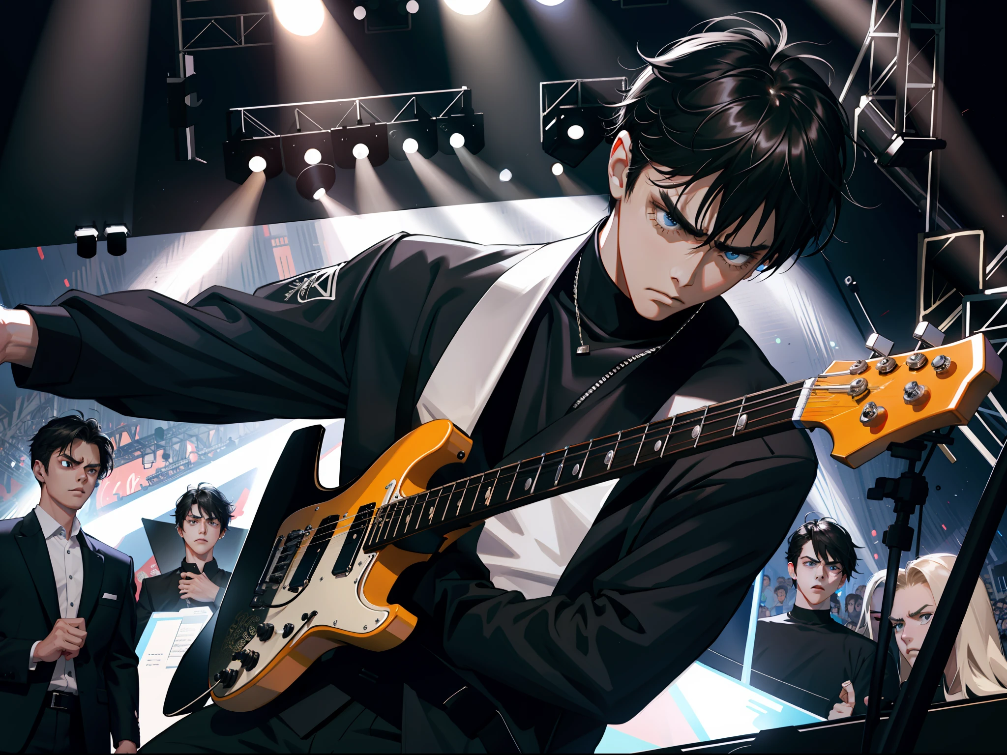 Masterpiece, best quality, very detailed CG unified 8k wallpaper, best quality, very detailed, detailed, (concert backstage), (a 25-year-old male star, frowning and angry, thinking about things, black hair, very angry, concert backstage