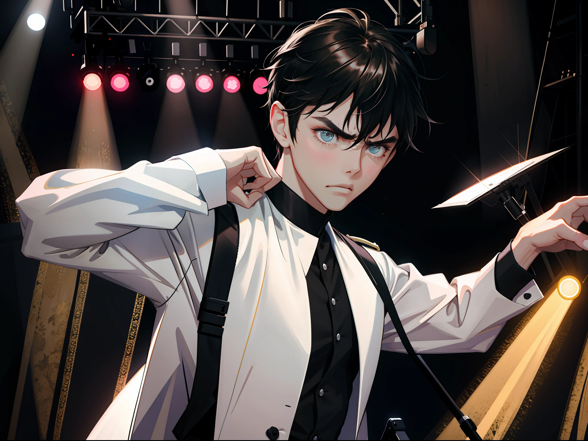 Masterpiece, best quality, very detailed CG unified 8k wallpaper, best quality, very detailed, detailed, (concert backstage), (a 25-year-old male star, frowning and angry, thinking about things, black hair, very angry, concert backstage