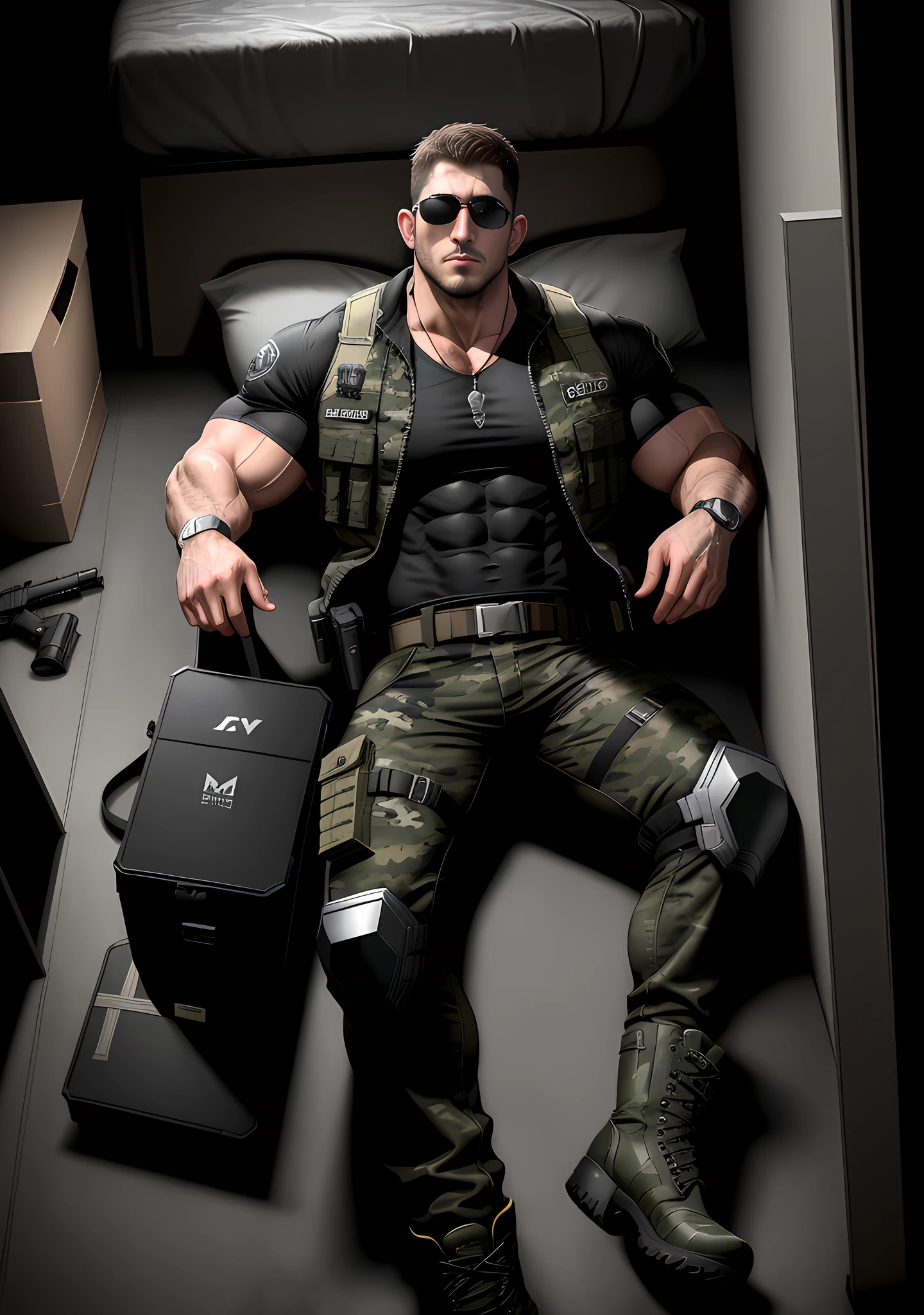 Character design (Resident Evil - Chris Redfield, Chris Redfield) wears a handsome black and gray camouflage suit, he has long and thick arms, lying on a large bed of cream white softness, with a sad expression, muscle male hero, heroic male pose, tall and burly, muscular! Wearing sunglasses, sexy charming muscular leg muscles, burly and strong, handsome black and gray camouflage suit, super gain and cool, high resolution committee, rough big feet, military boots, attractive strong male, bright moonlight on the body, lonely