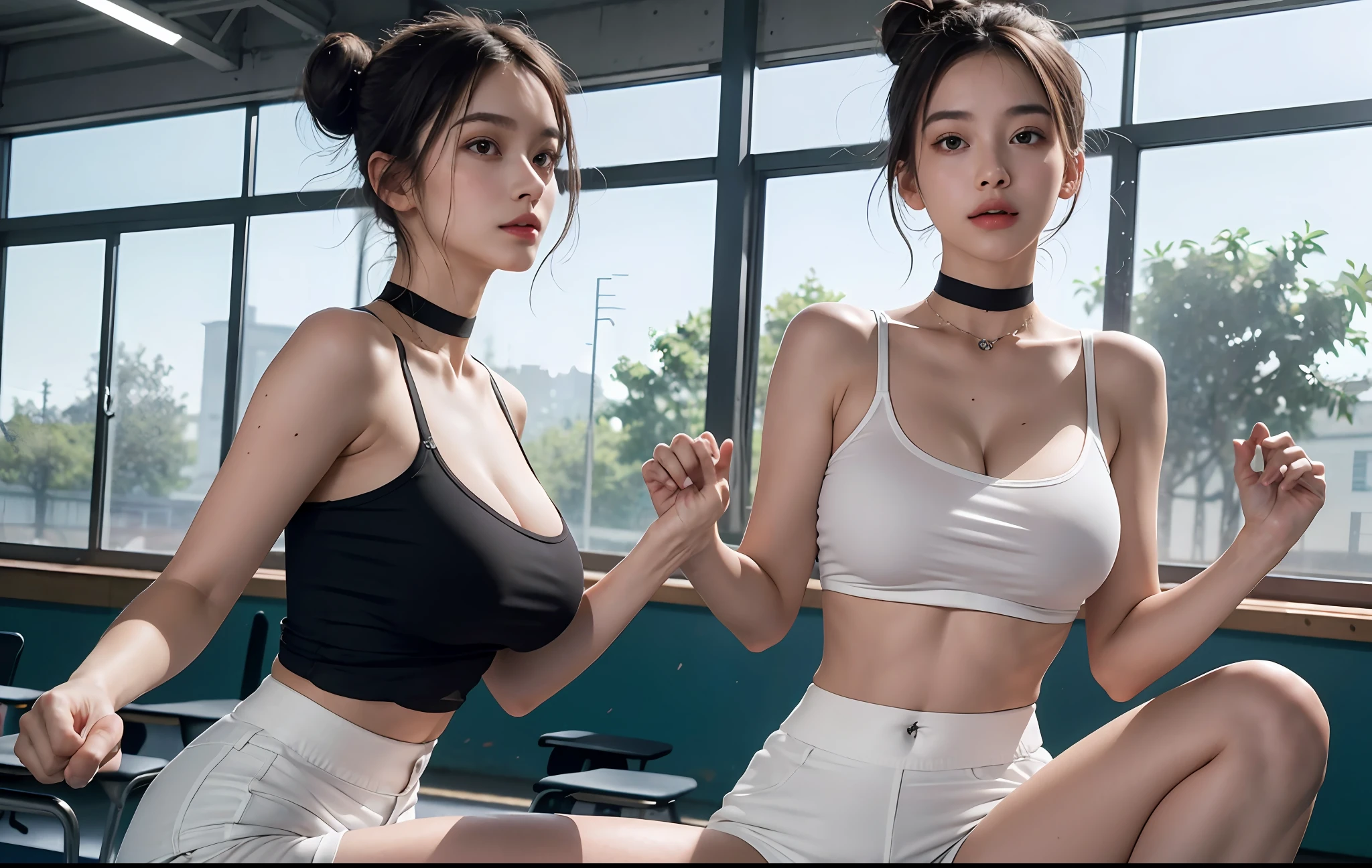 ????? european woman with ????????????? clasped hands, choker, dar hair, (hair buns:1.2), short white pants, trainees, in school gym, best quality, ultra high res, (photorealistic:1.4), jack-o' challenge, flexible, ???????????, top-down bottom-up,(students shocked:1.3), (students looking her:1.3)
