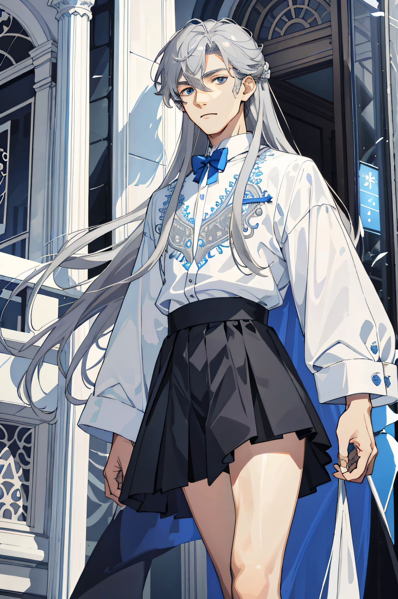 Masterpiece, best quality, 1 male, ager, handsome, delicate eyes, intricate details, (gray hair, long hair, no bangs, delicate skirt, white skin), white, blue, mall, city