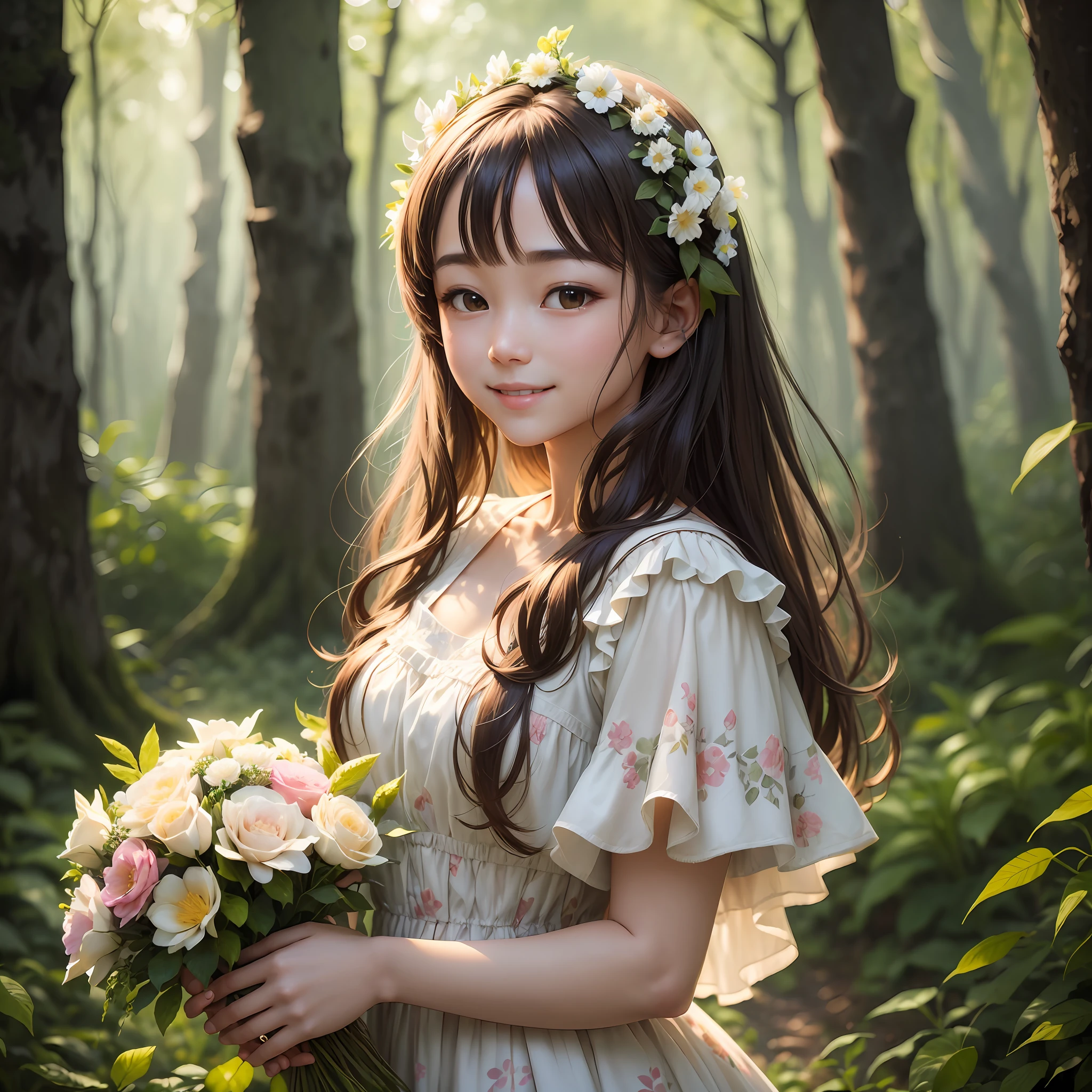 "Smile, delicate facial features in the backlight, floral dress, carrying flowers, living in the forest with the little white deer around you, hair fluffy, golden yellow tone matching -auto -s2" --auto --s2