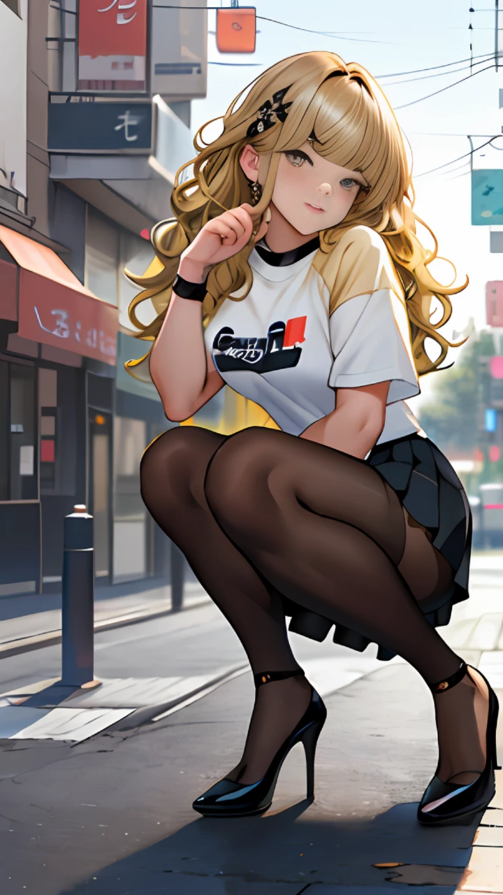 ulzzang-6500, (aegyo sal:1.4), best quality, ultra high resolution, (realism:1.4), (beautiful korean woman:1.0), (Kpop idol:1.0), (short blonde wavy hair:1.4), (bangs:1.4), masterpiece, illustration, an extremely delicious and beautiful, extremely detailed, CG,unity, 8k wallpaper, amazing, finely detail, master, official art, extremely detailed CG unity 8k wallpaper, absurdres, incredible absurdres, ultra-detailed ultra-detail, high resolution, very detailed, Beautiful detailed girl, very detailed eyes and face, beautiful detailed eyes, face with light, (looking at the audience: 1.4), wide hips, thick thighs, 1.6), (1 girl), detailed shiny skin, (looks like Amberschild: 1.2), natural breasts, small breasts, downtown street shots, night scene, (full body photo: 1.6), (t-shirt, jacket, pleated skirt, pantyhose, high heels: 1.6), nude photos, model poses, realistic body,