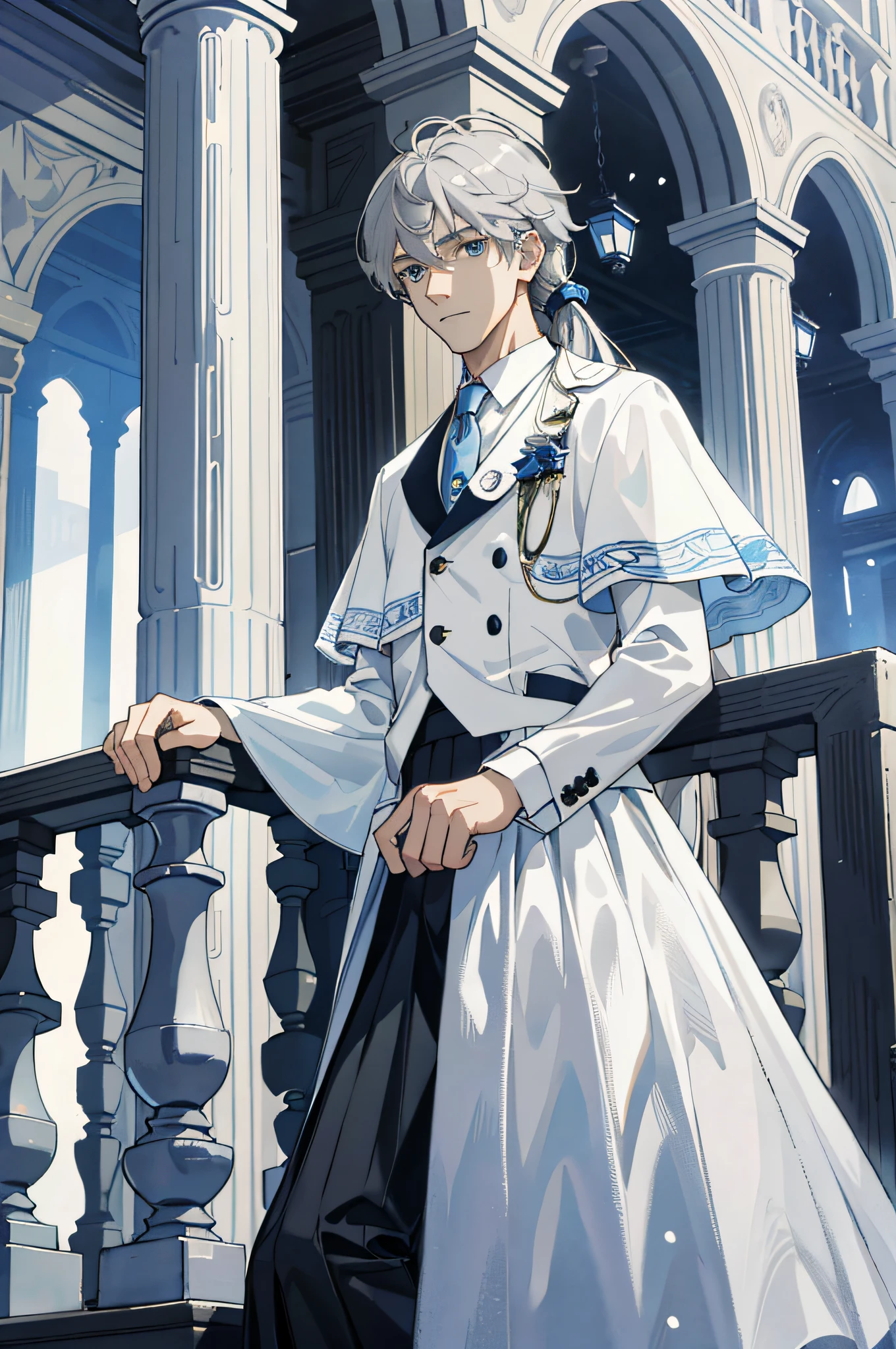 Masterpiece, best quality, 1 male, ager, handsome, delicate eyes, intricate details, (gray hair, long hair, no bangs, delicate skirt, white skin), white, blue, mall, city