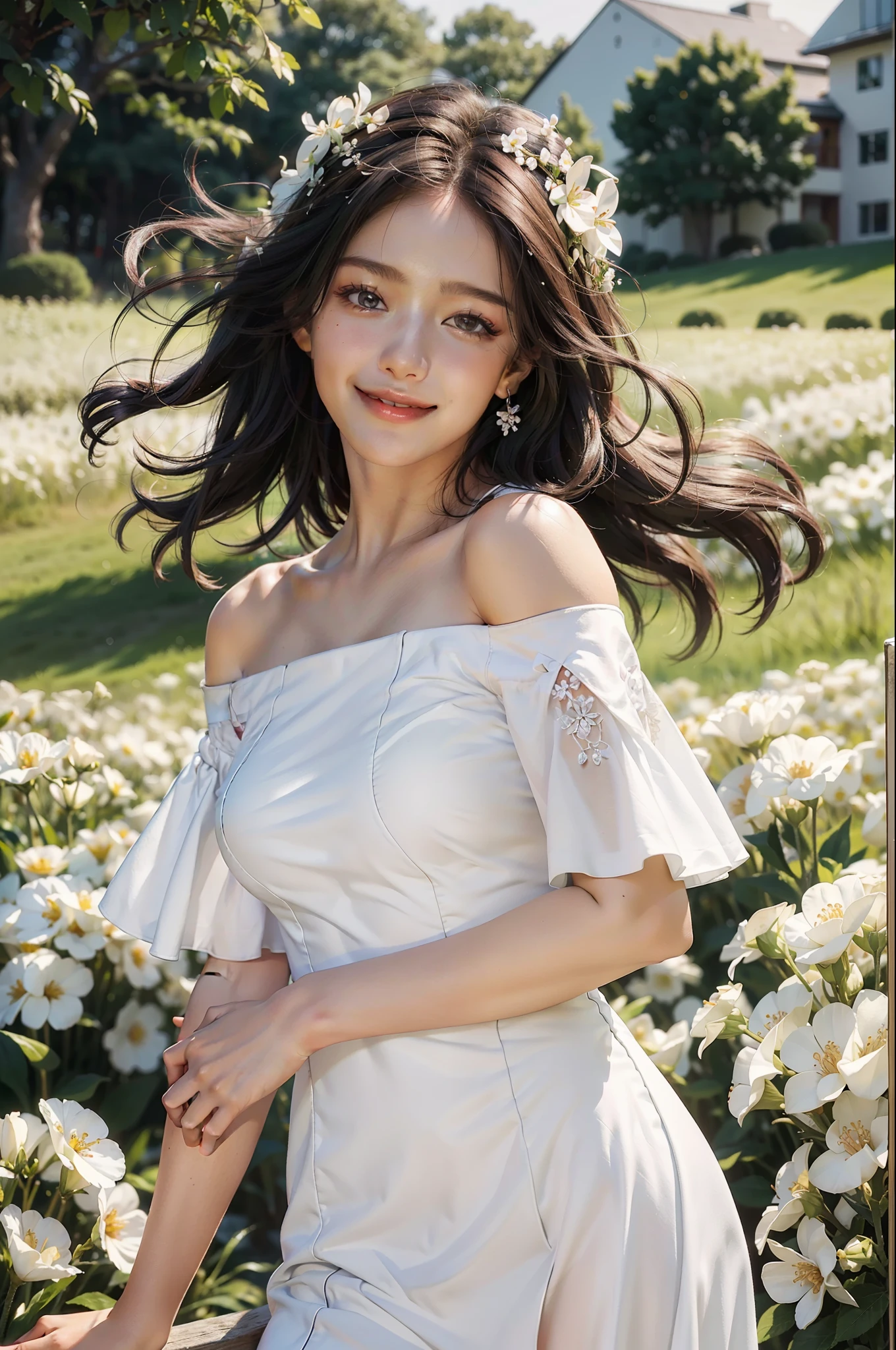 Best quality, masterpiece, ultra high res, (photorealistic:1.4), raw photo, 1girl, white dress, off shoulder, blossom flower field, glowing skin, light smile