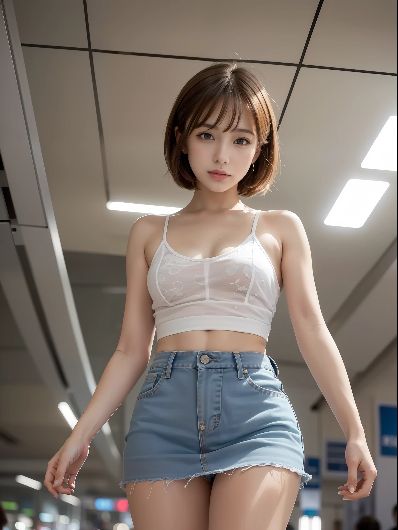 ((Best quality, 8k, Masterpiece: 1.3)), Sharp focus: 1.2, (realistic, photo-realistic:1.37), (1 AESPA girl: 1.2), beautiful face girl with cellphone, cute face, age 24, small breasts, flat chest, brunette short messy hair, walking, camisole, skirt, terminal, station, sunlight, kindness, cinematic lighting, from below, (8k, masterpiece, best quality, raw photo)