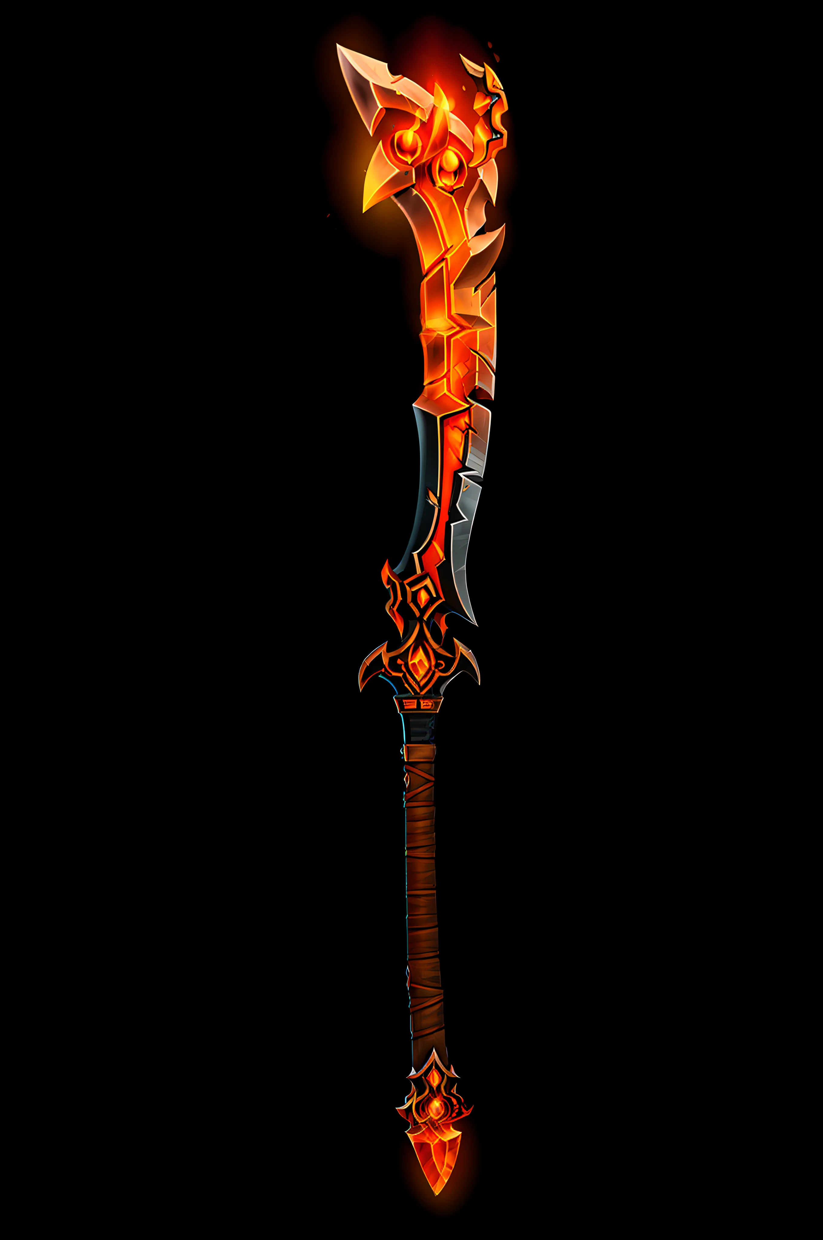 Scythe axe, ornate blade, orange handle, flame glow