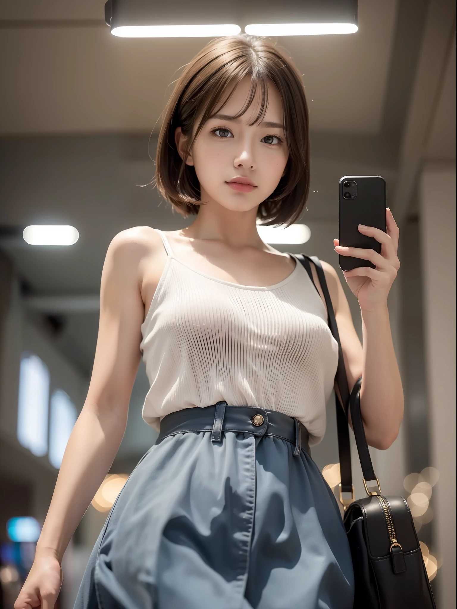 ((Best quality, 8k, Masterpiece: 1.3)), Sharp focus: 1.2, (realistic, photo-realistic:1.37), (1 AESPA girl: 1.2), beautiful face girl with cellphone, cute face, age 24, small breasts, flat chest, brunette short messy hair, walking, camisole, skirt, terminal, station, sunlight, kindness, cinematic lighting, from below, (8k, masterpiece, best quality, raw photo)